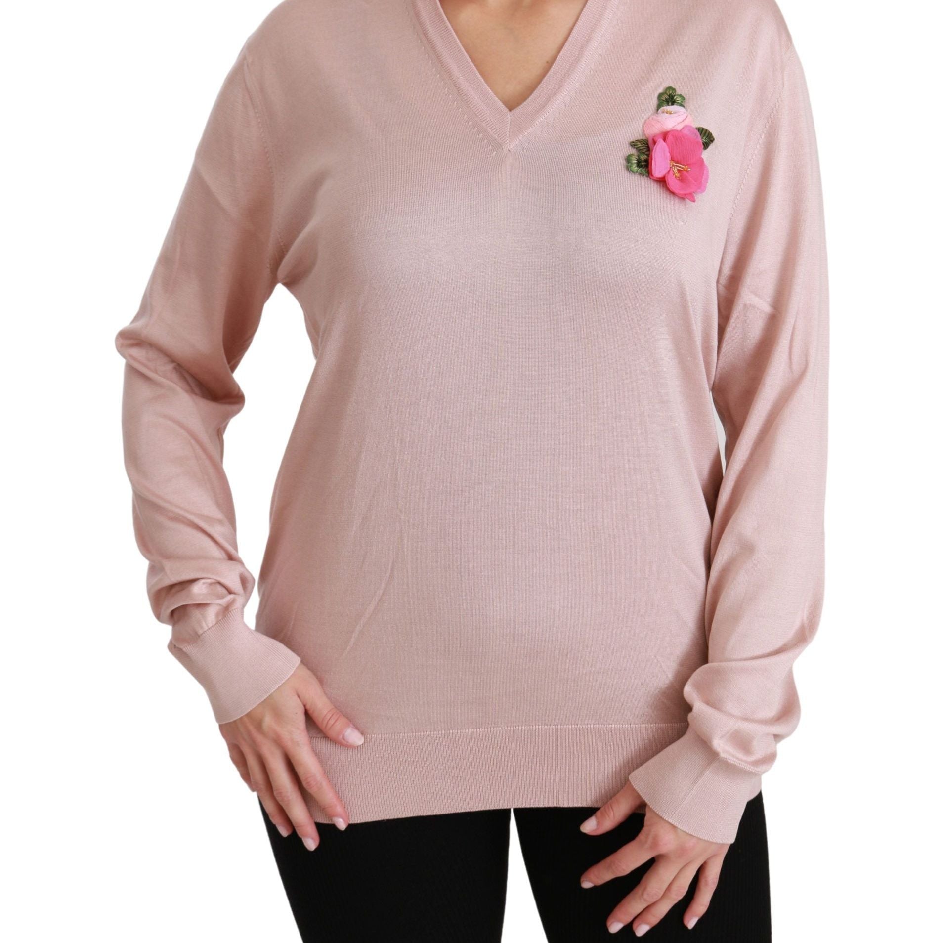 Dolce & Gabbana Pink Floral Embellished Pullover Silk Sweater