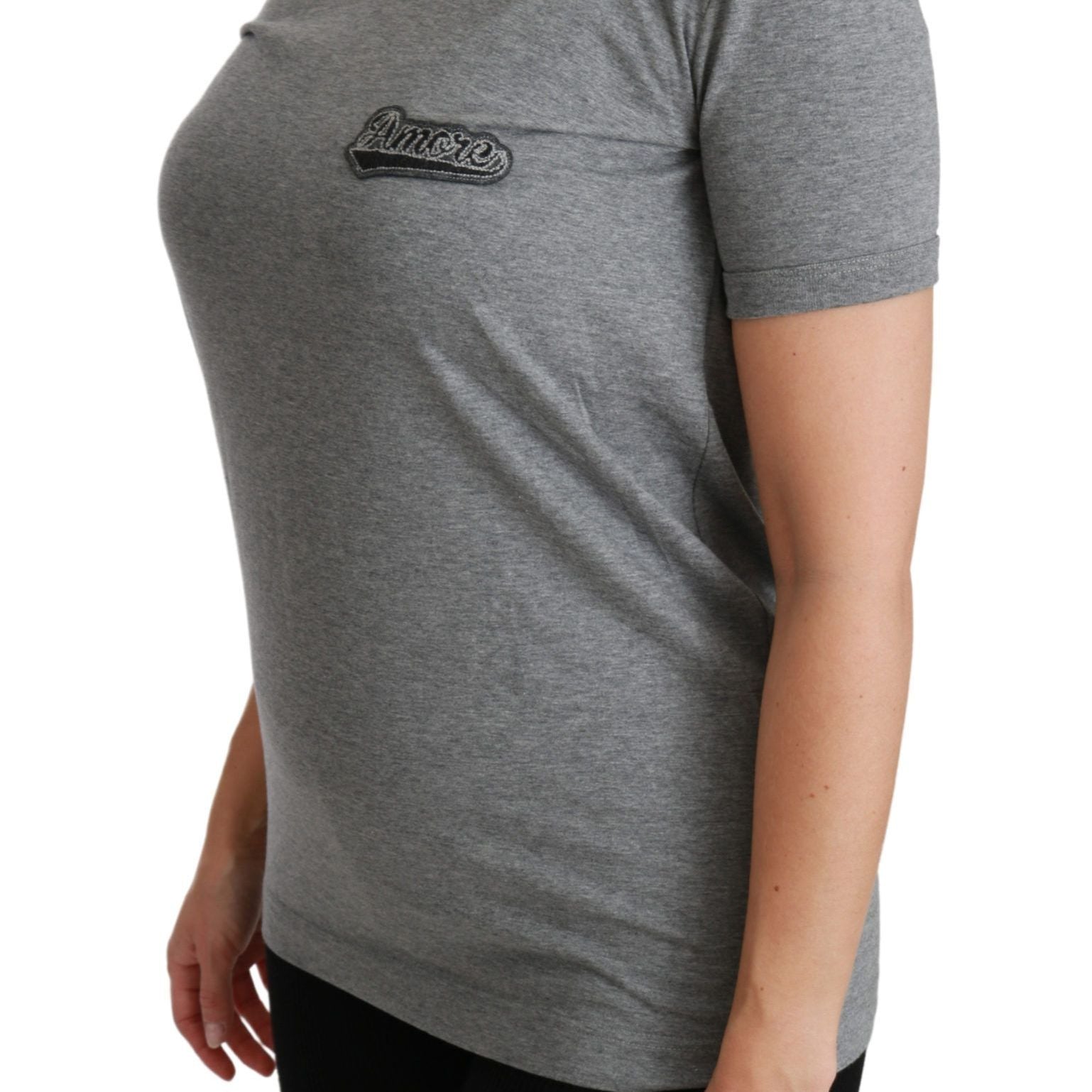 Dolce & Gabbana Gray Crewneck Amore Patch Cotton Top T-shirt