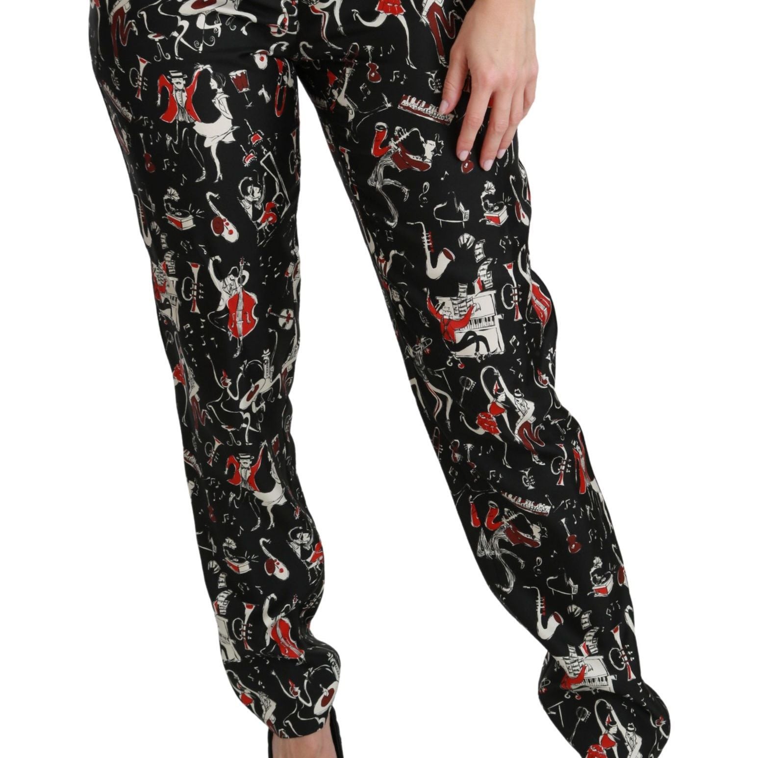 Dolce & Gabbana Black Silk Instrument Mid Waist Pants