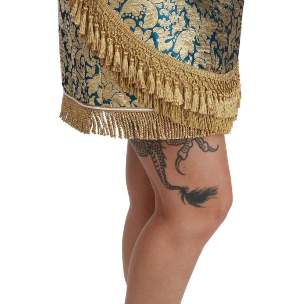 Dolce & Gabbana Blue High Waist Jacquard Tassel Gold Skirt