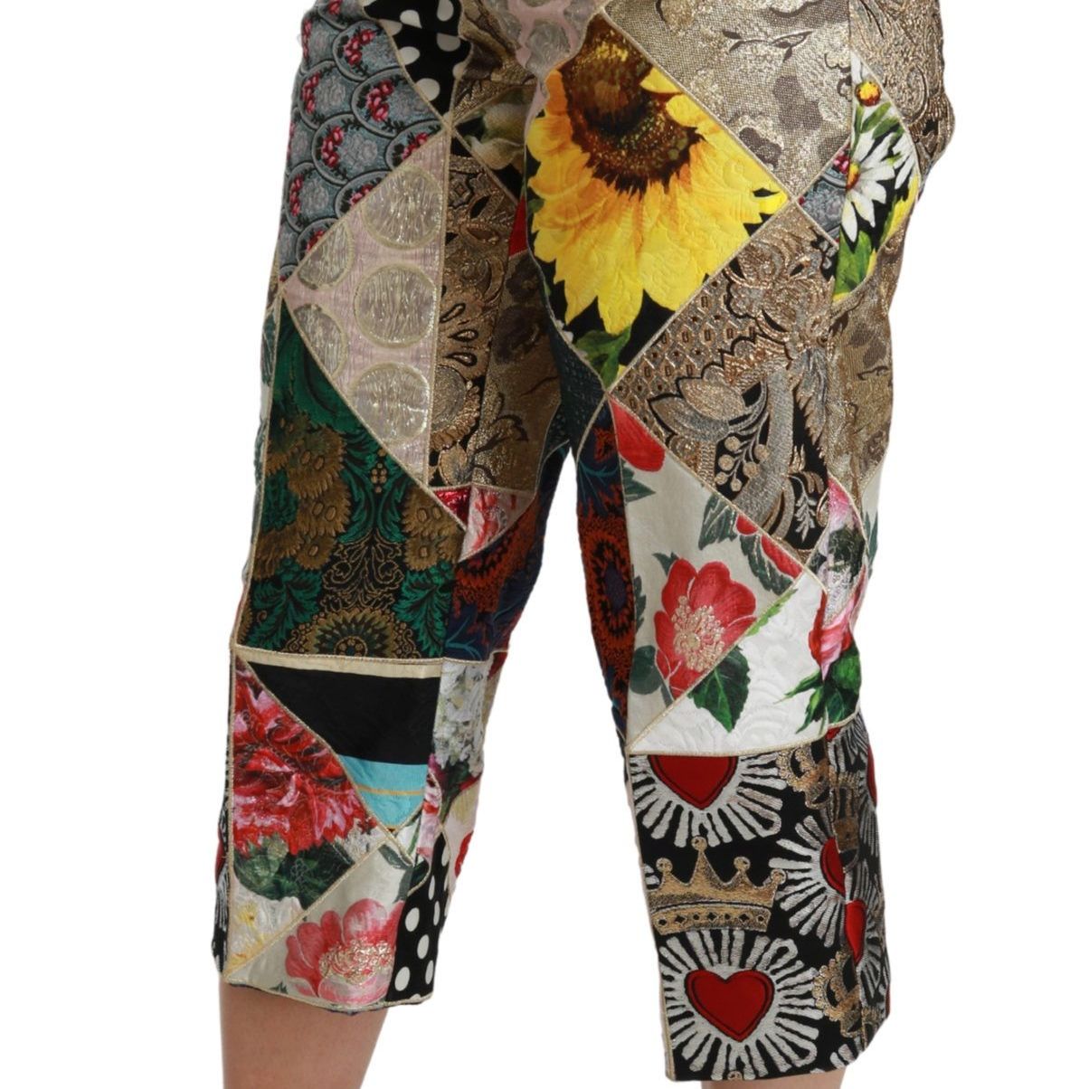 Dolce & Gabbana Silk Multicolor Print High Waist Cropped Pants