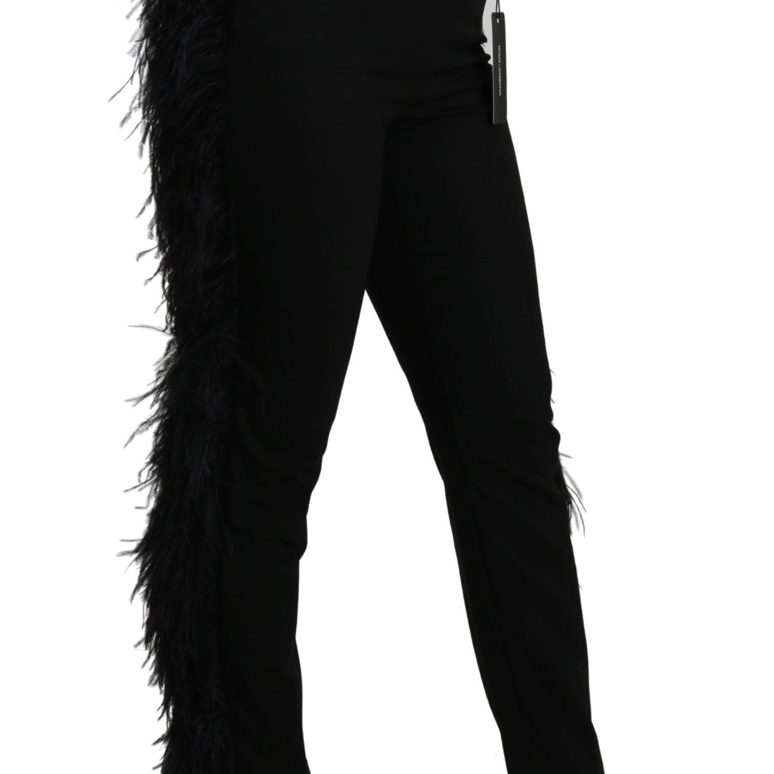 Dolce & Gabbana Black Feather Straight High Waist Wool Pants