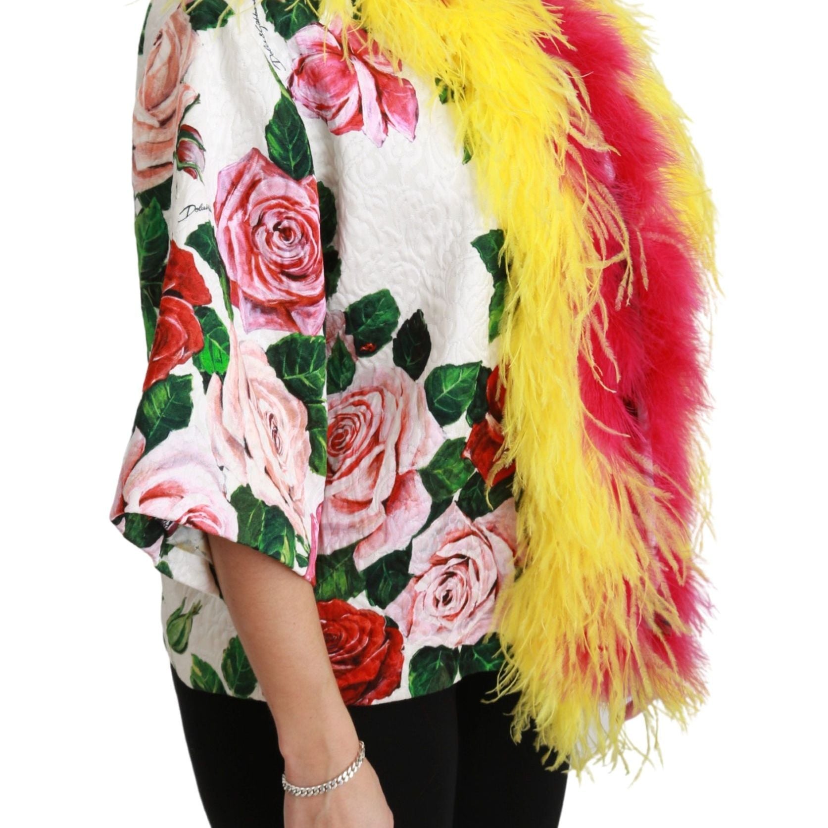 Dolce & Gabbana White Floral Coat Capte Fur Roses Jacket