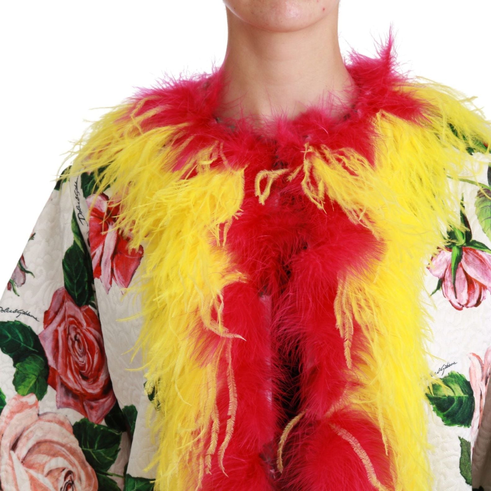Dolce & Gabbana White Floral Coat Capte Fur Roses Jacket