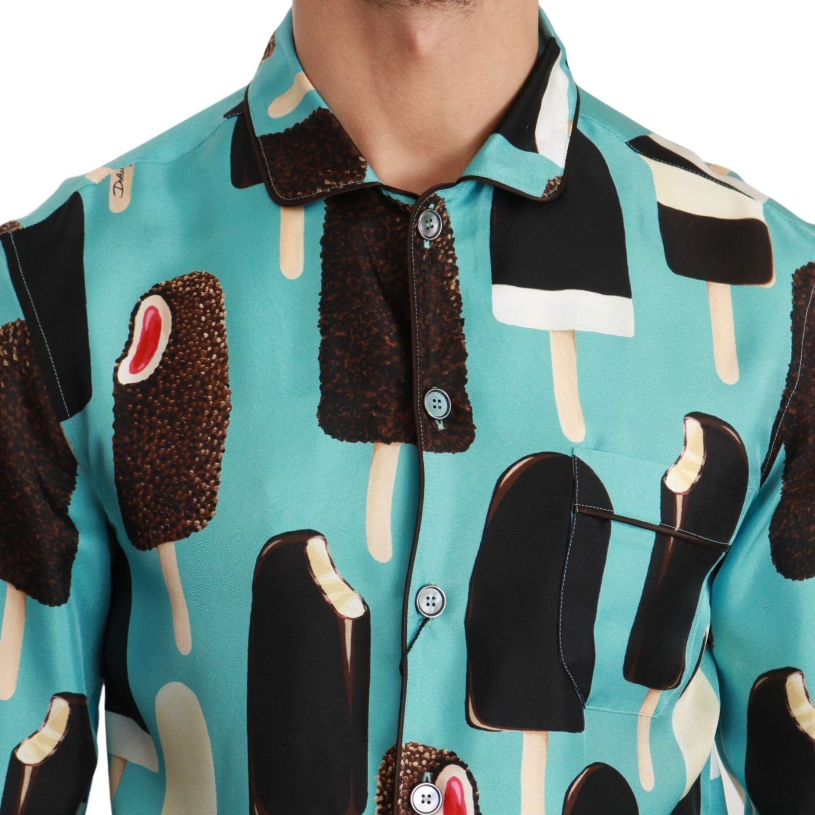 Dolce & Gabbana Blue Silk Ice Cream Print Casual Shirt