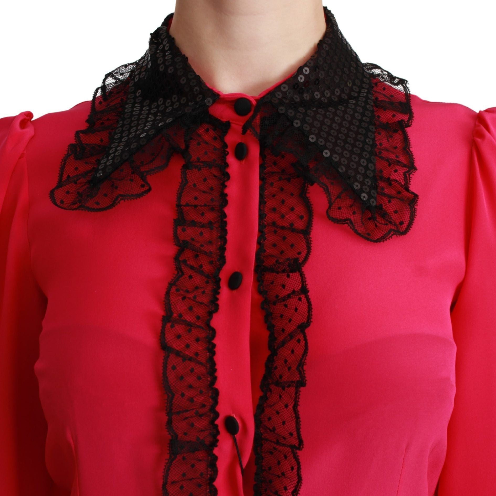 Dolce & Gabbana Pink Silk Black Sequin Lace Shirt Blouse