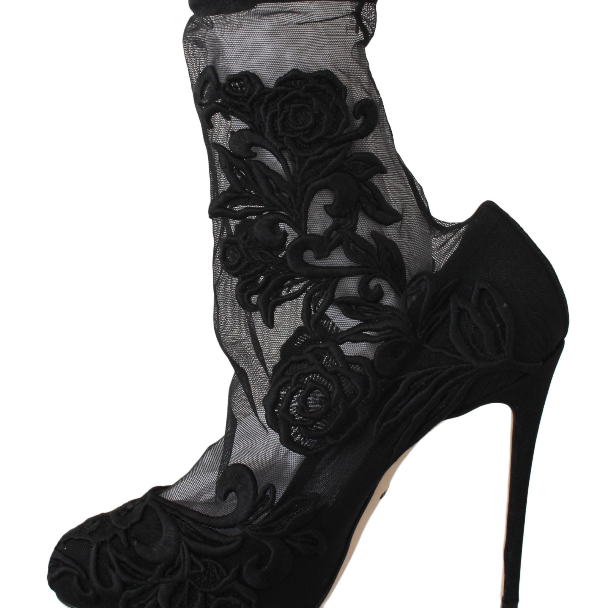 Dolce & Gabbana Black Roses Stilettos Booties Socks Shoes