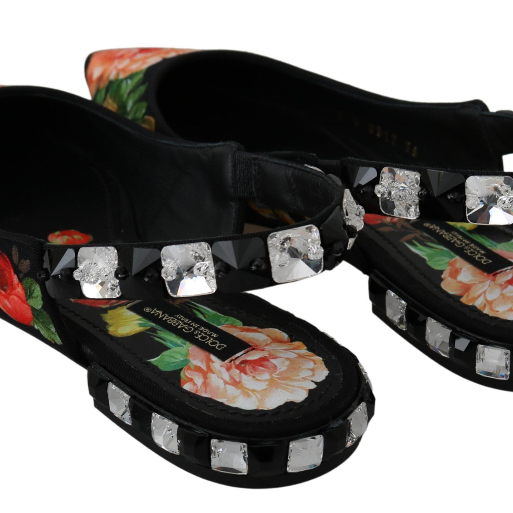 Dolce & Gabbana Black Floral Crystal Slingbacks Flats Shoes