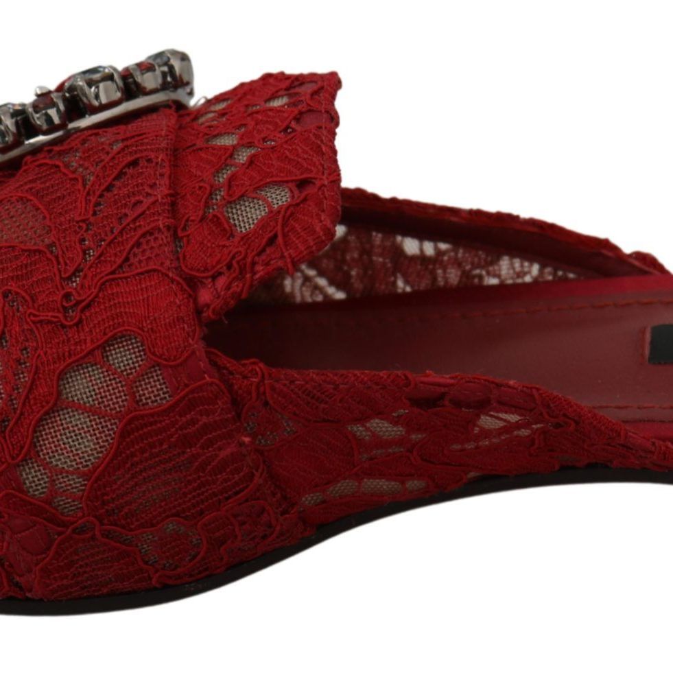 Dolce & Gabbana Red Lace Crystal Slide On Flats Shoes