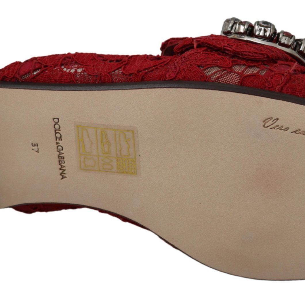 Dolce & Gabbana Red Lace Crystal Slide On Flats Shoes