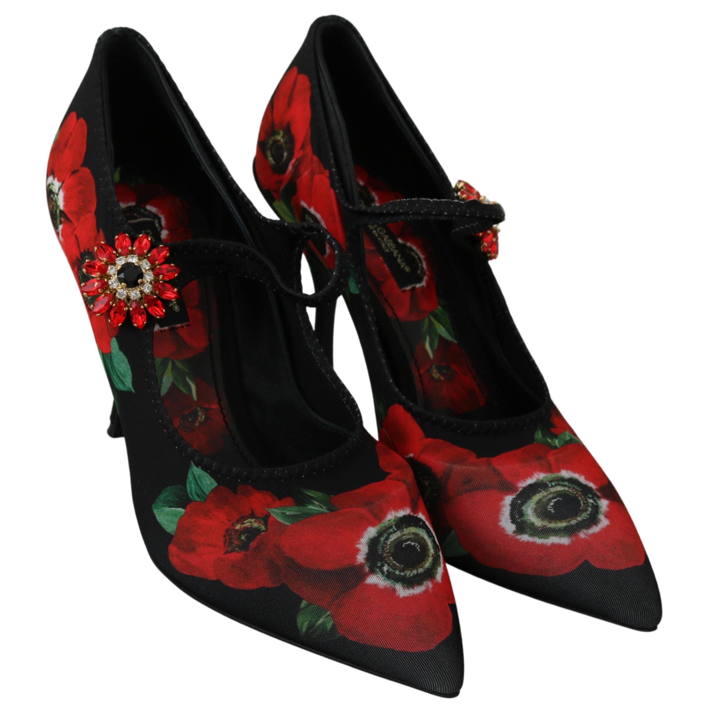 Dolce & Gabbana Black Red Floral Mary Janes Pumps Shoes