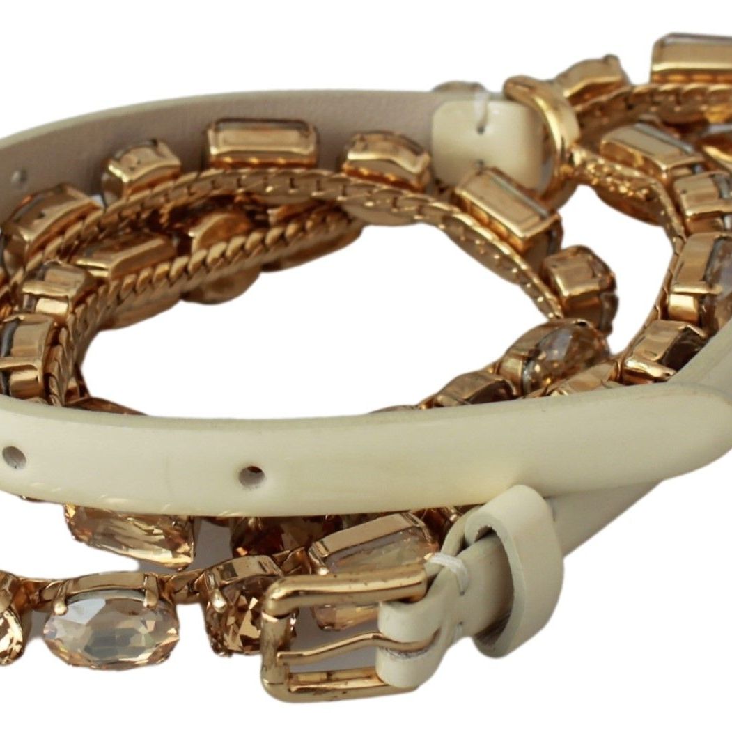Dolce & Gabbana White Leather Crystals Waist Belt