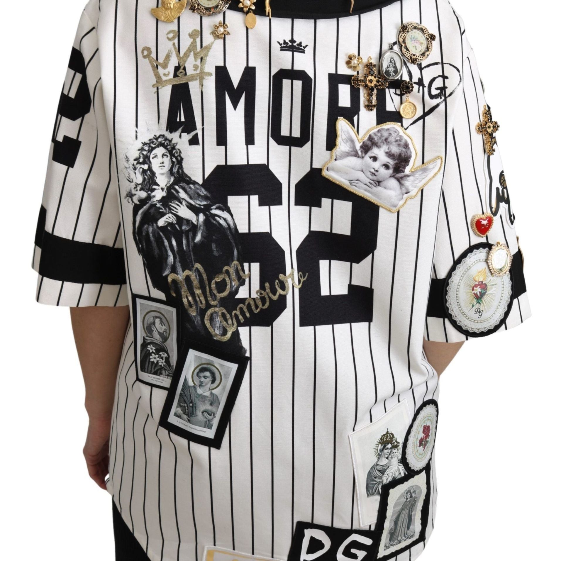 Dolce & Gabbana White and black Blouse Cotton Crystal Charms Amore Shirt