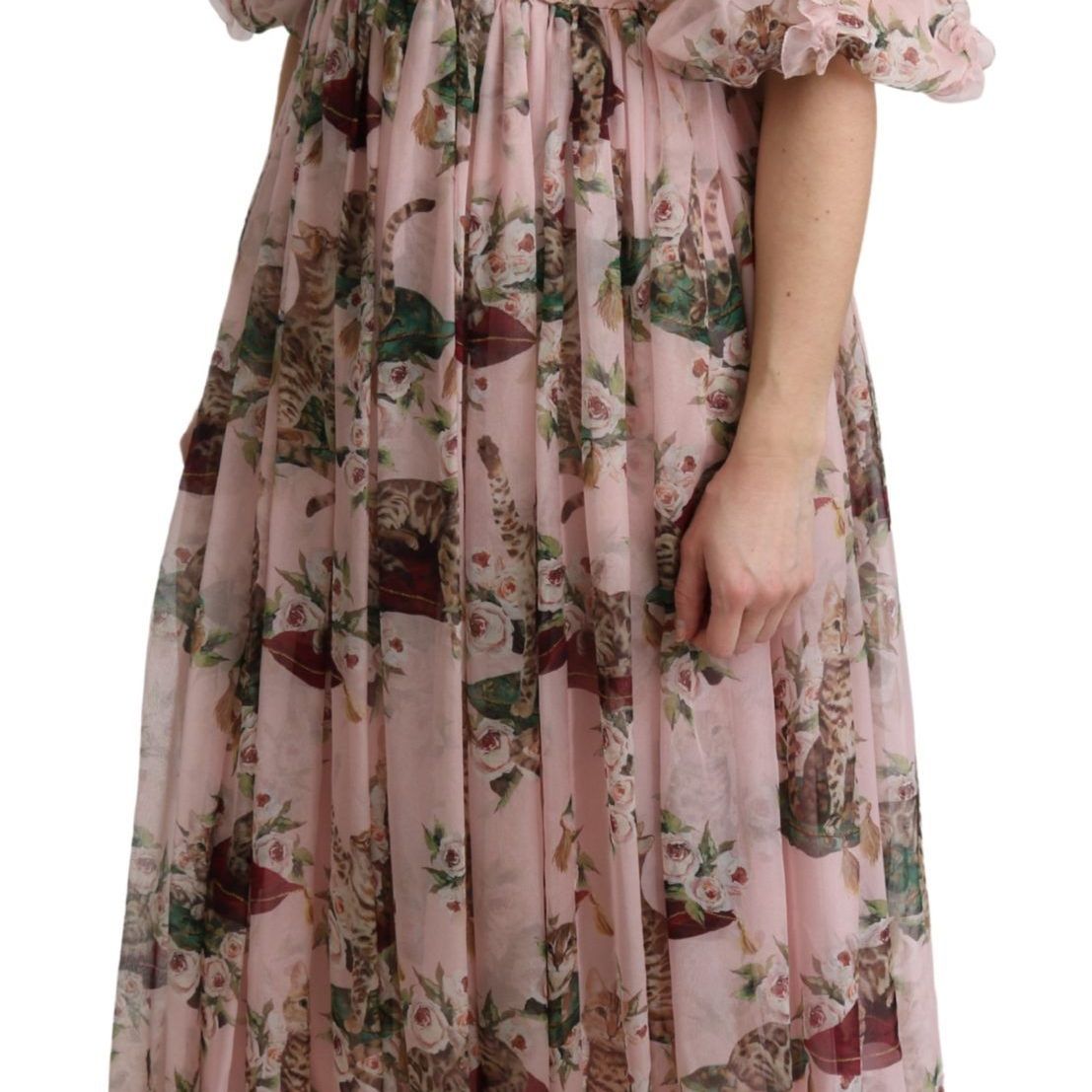 Dolce & Gabbana Pink Bengal Cat Print A-line Maxi Silk  Dress