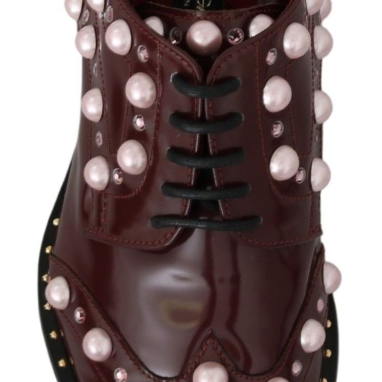 Dolce & Gabbana Bordeaux Leather Crystal Pearls Formal Shoes