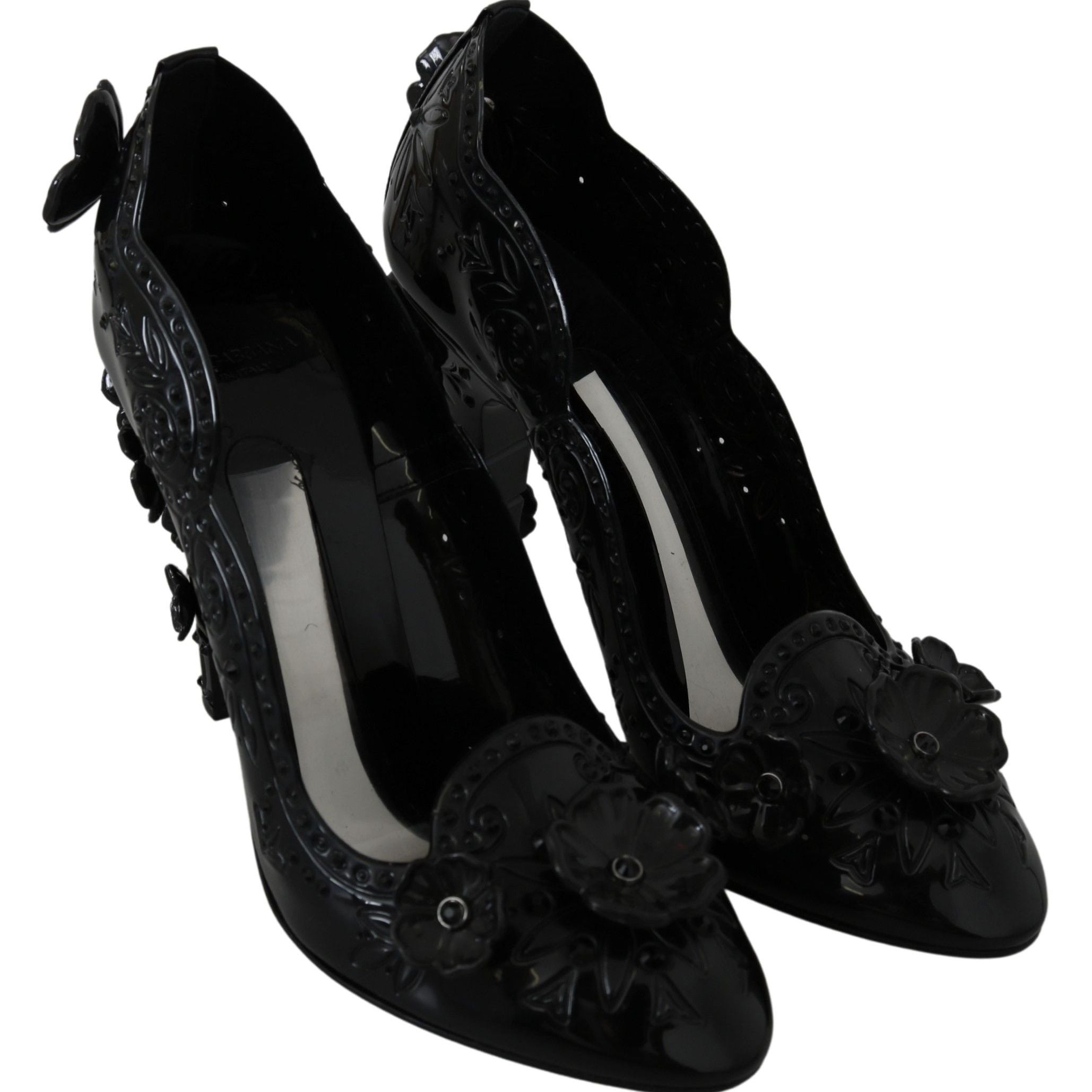 Dolce & Gabbana Black Floral Crystal CINDERELLA Heels Shoes