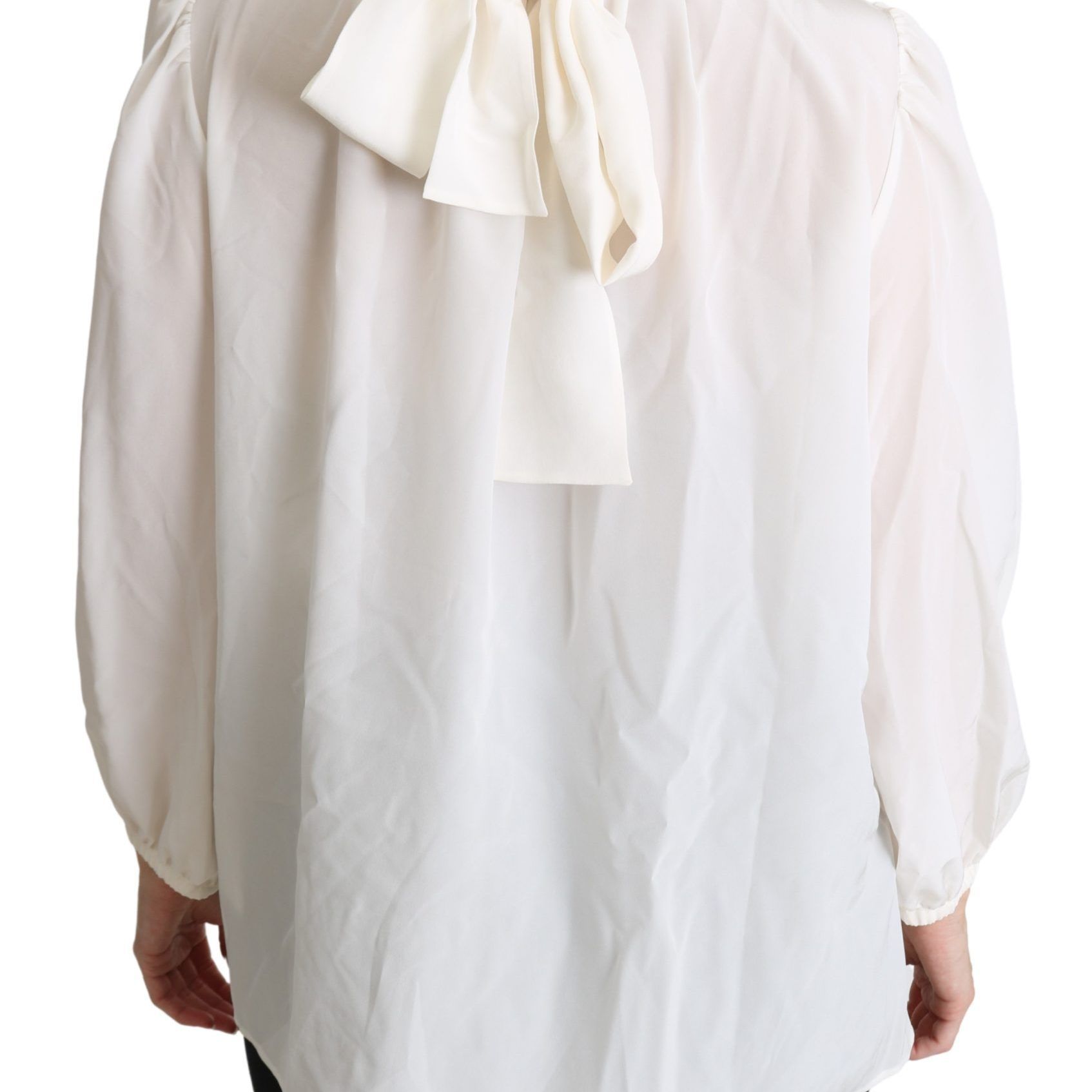 Dolce & Gabbana White Silk Pussy Bow Long Sleeved Top Blouse