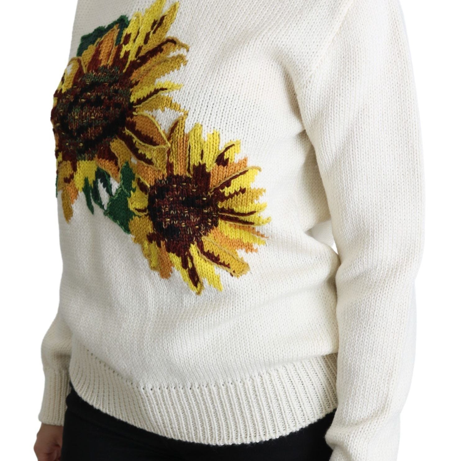 Dolce & Gabbana White Floral Wool Pullover Sunflower Sweater