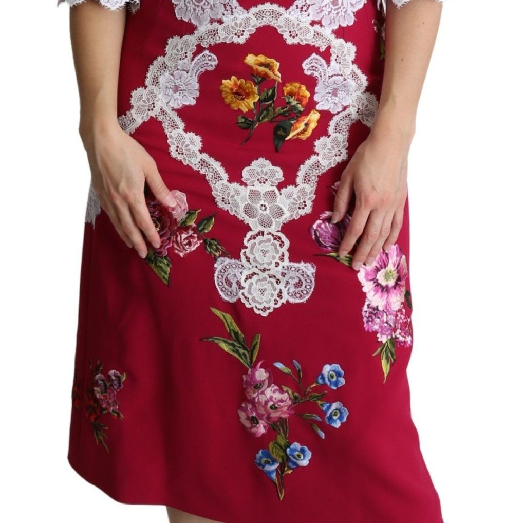 Dolce & Gabbana Red Floral Embroidered Sheath Midi Dress