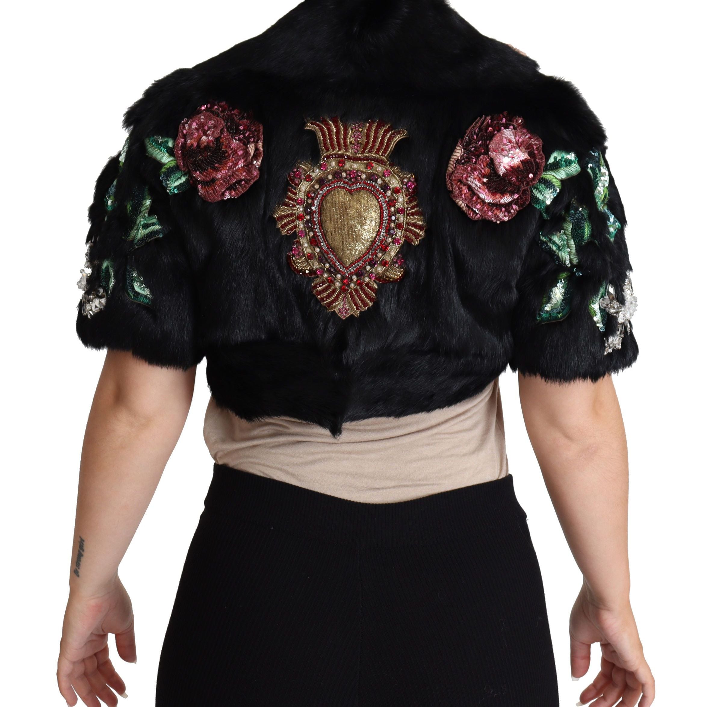 Dolce & Gabbana Black Rabbit Fur Crystals Sequin Coat