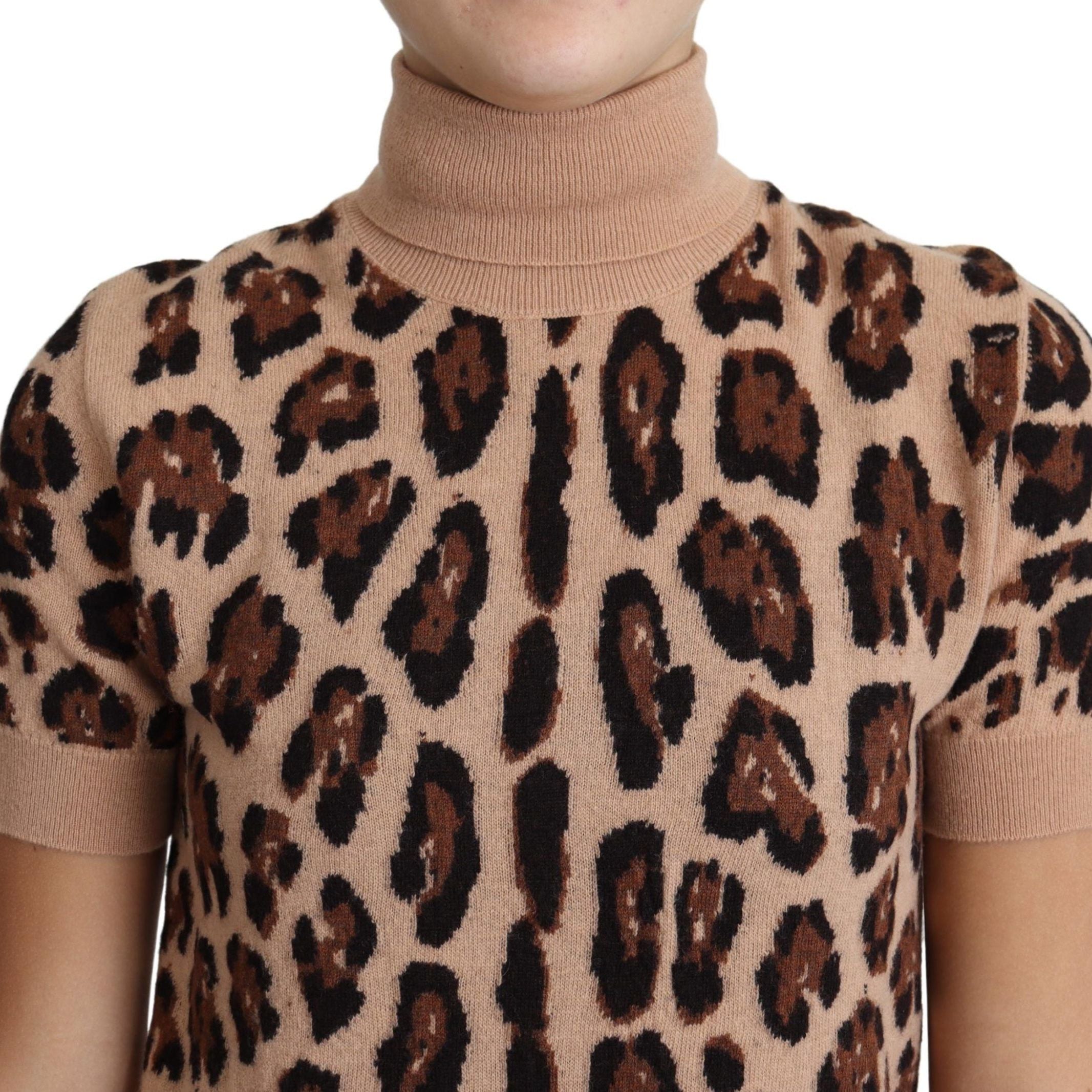Dolce & Gabbana Beige Leopard Print Virgin Wool Turtleneck Top