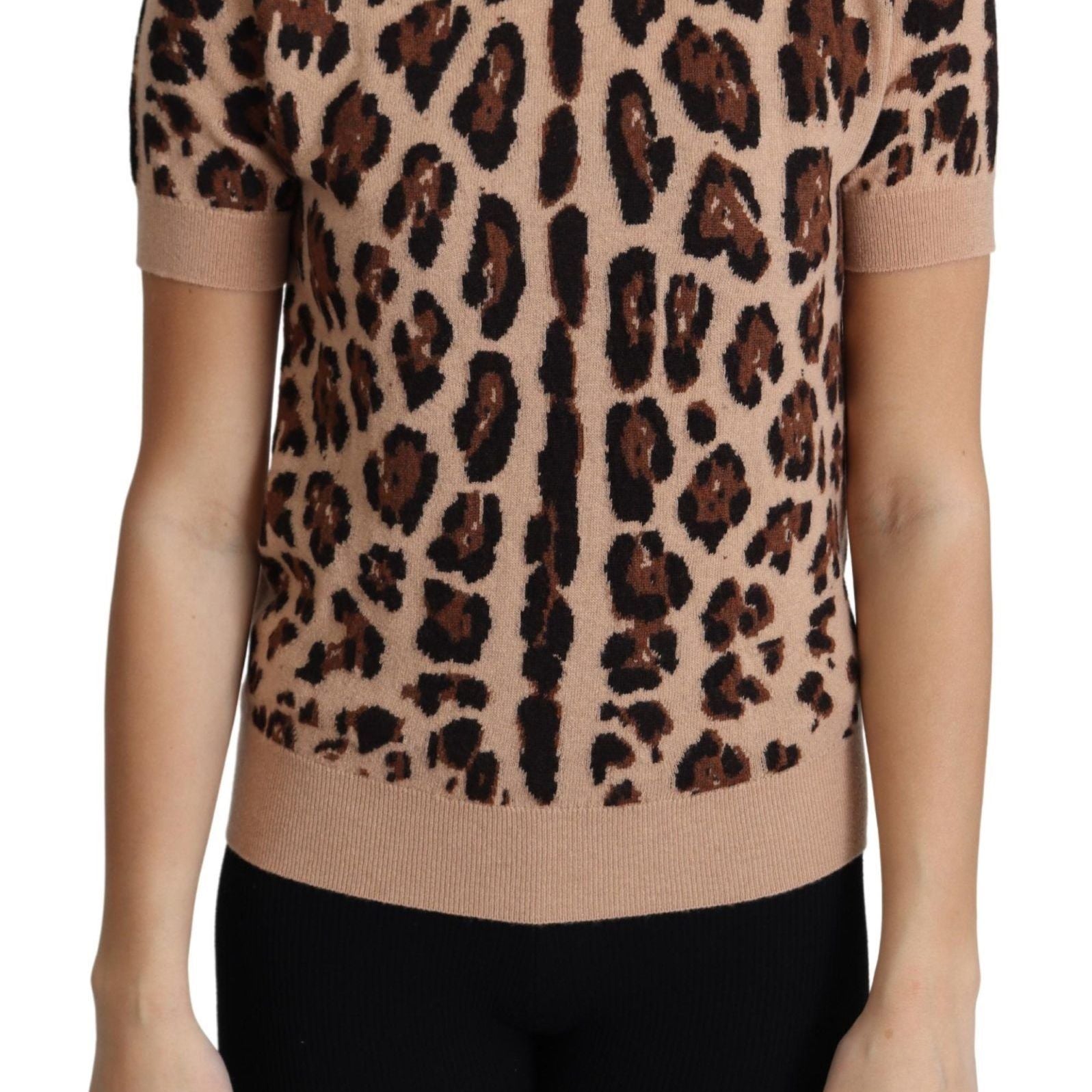 Dolce & Gabbana Beige Leopard Print Virgin Wool Turtleneck Top