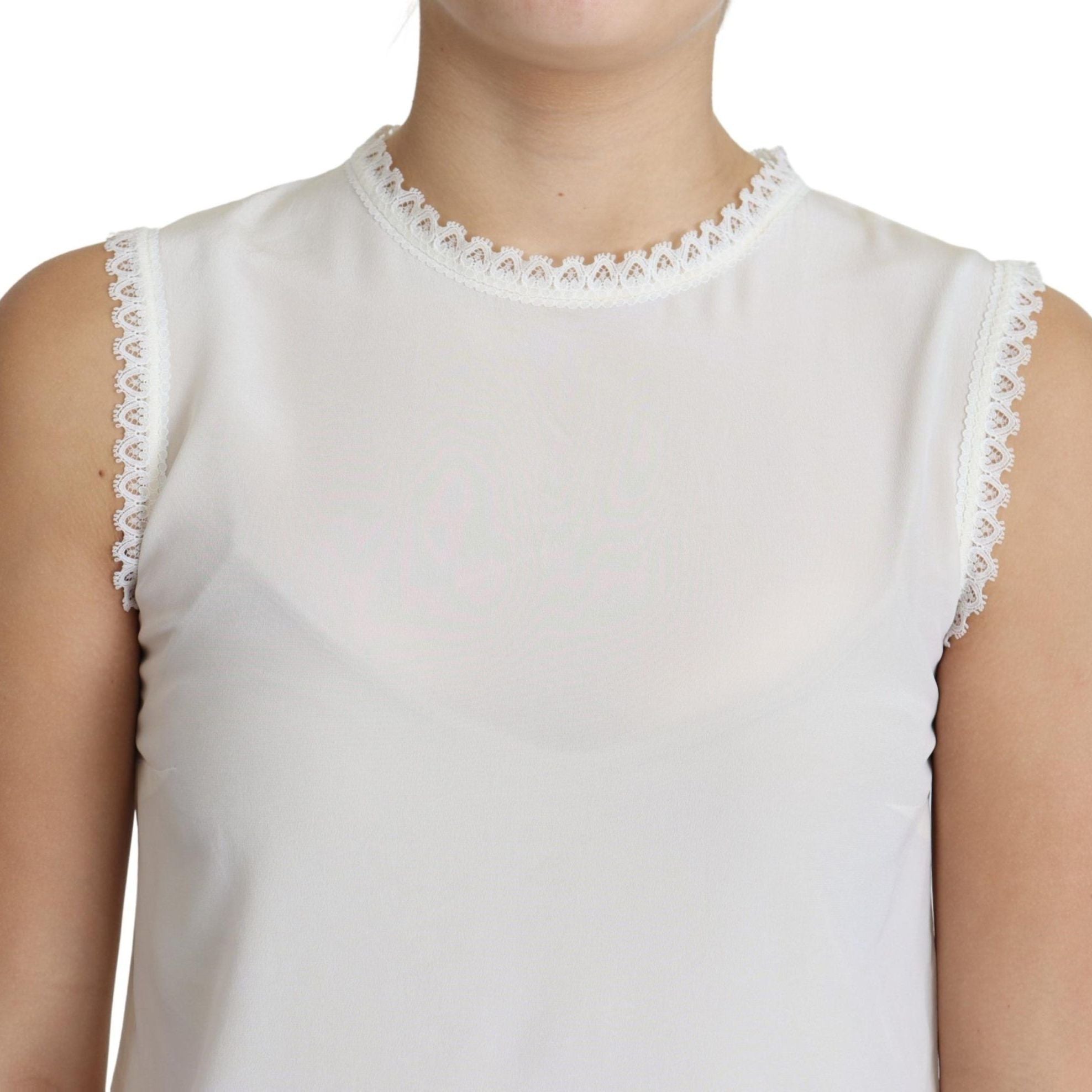 Dolce & Gabbana White Blouse Silk Lace Trimmed Sleeveless Top