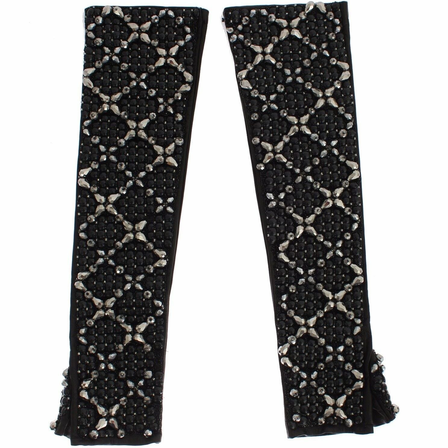 Dolce & Gabbana Black Leather Crystal Beaded Finger Free Gloves
