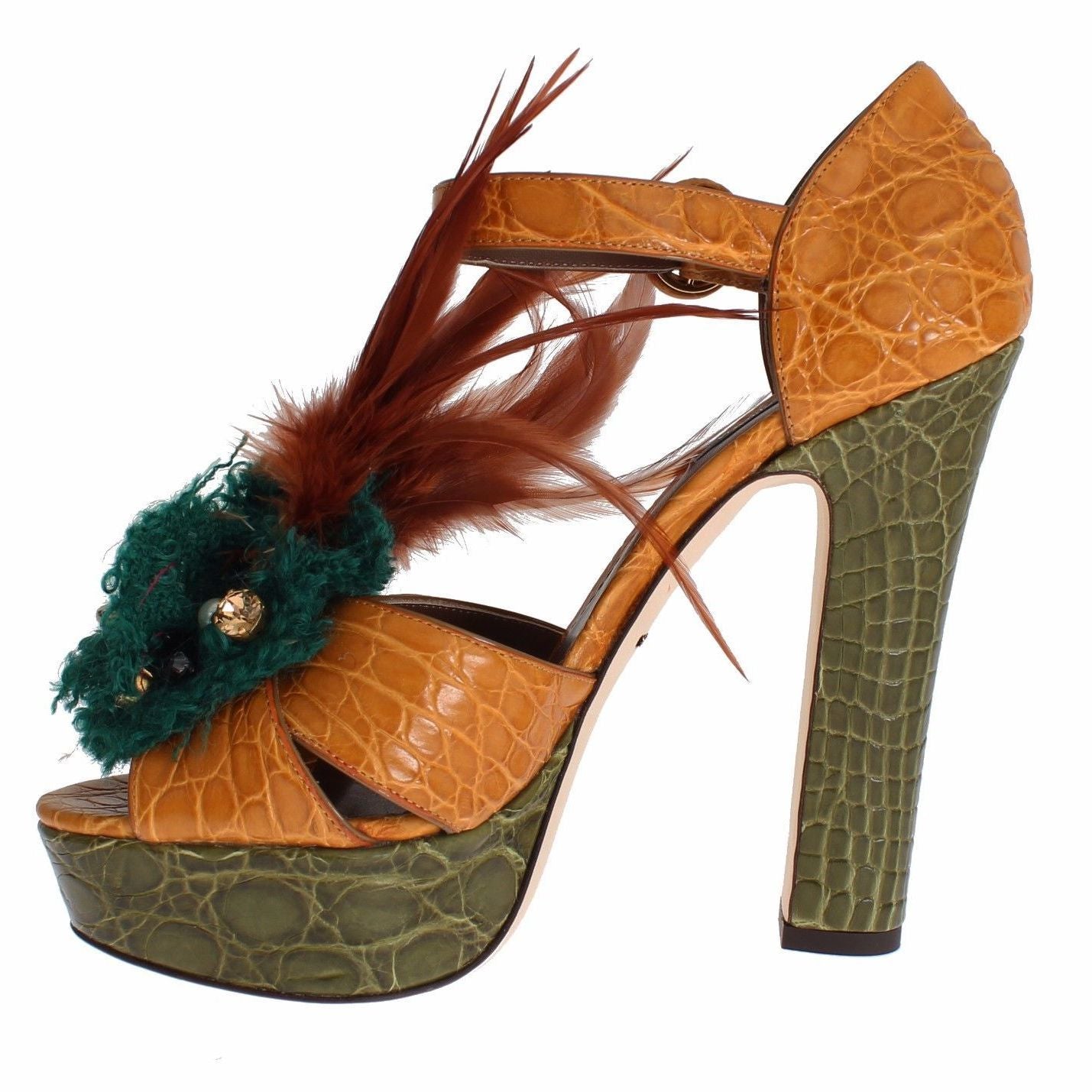 Dolce & Gabbana Orange Leather Crystal Platform Sandal Shoes