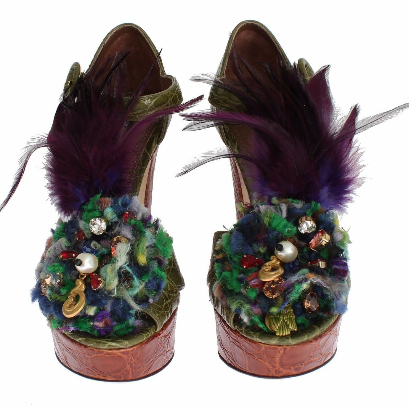 Dolce & Gabbana Green Leather Crystal Platform Sandal Shoes