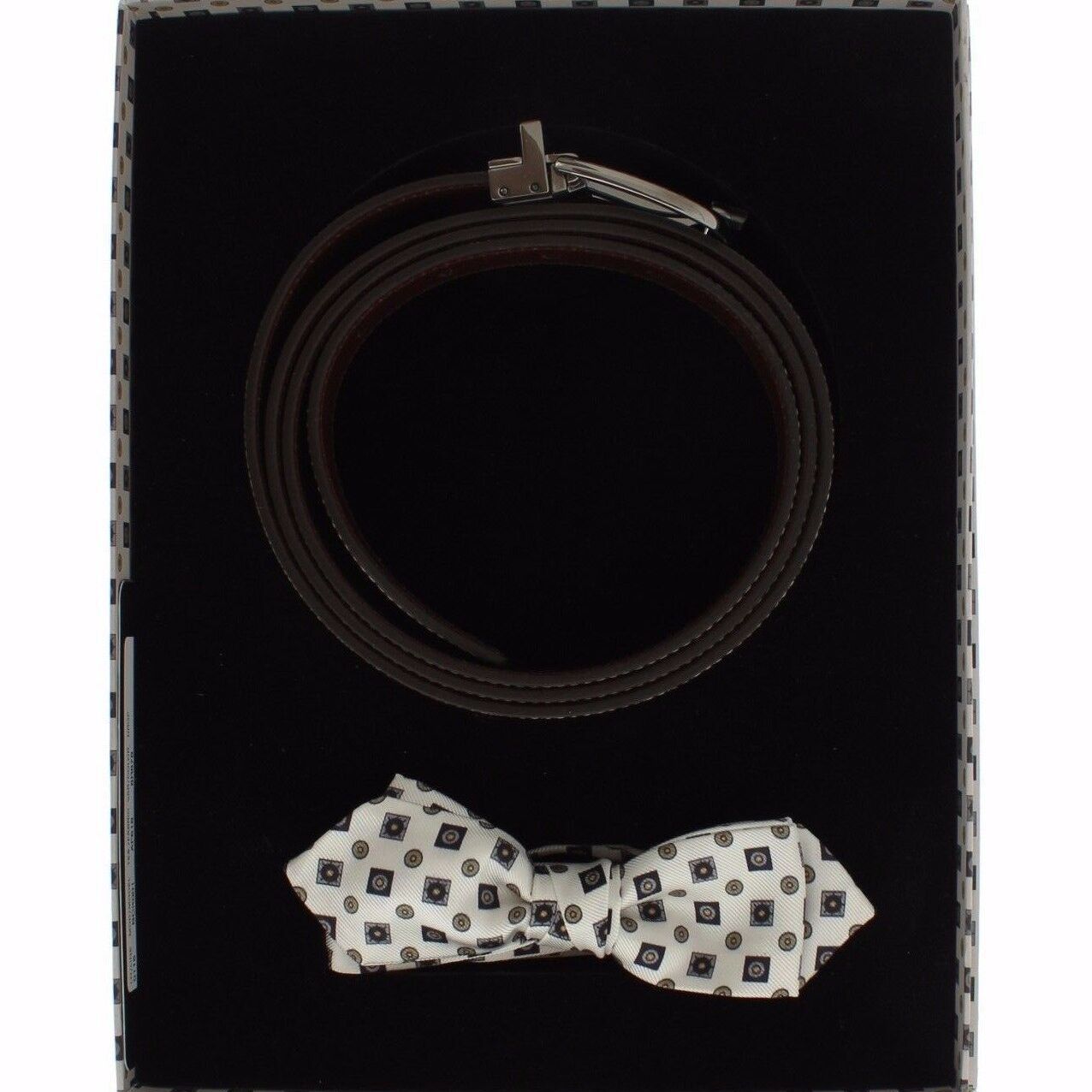 Dolce & Gabbana White Silk Bowtie Leather Men Belt Gift Box