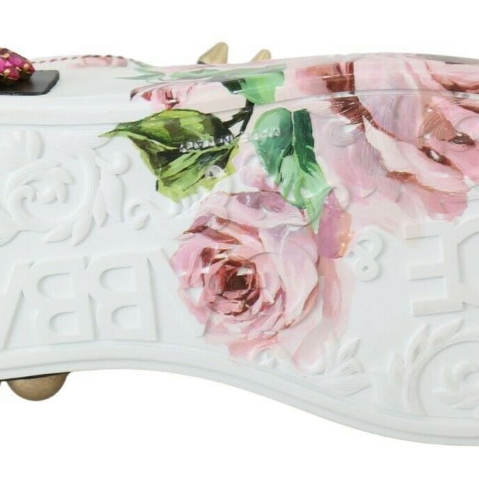 Dolce & Gabbana White Leather Crystal Roses Floral Sneakers Shoes