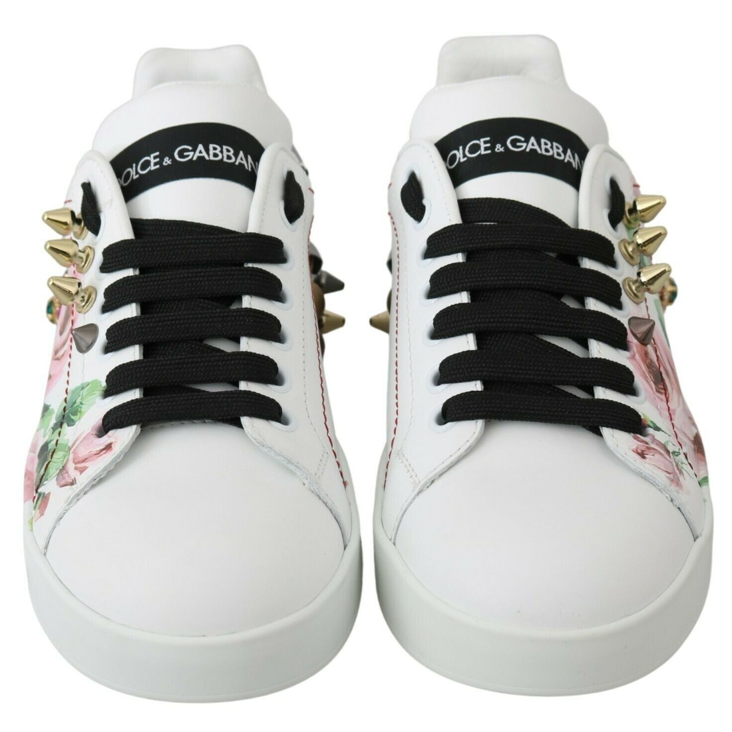 Dolce & Gabbana White Leather Crystal Roses Floral Sneakers Shoes