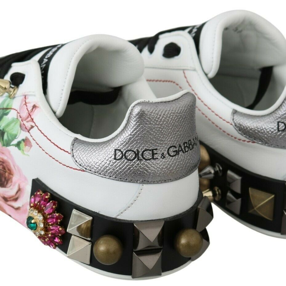 Dolce & Gabbana White Leather Crystal Roses Floral Sneakers Shoes