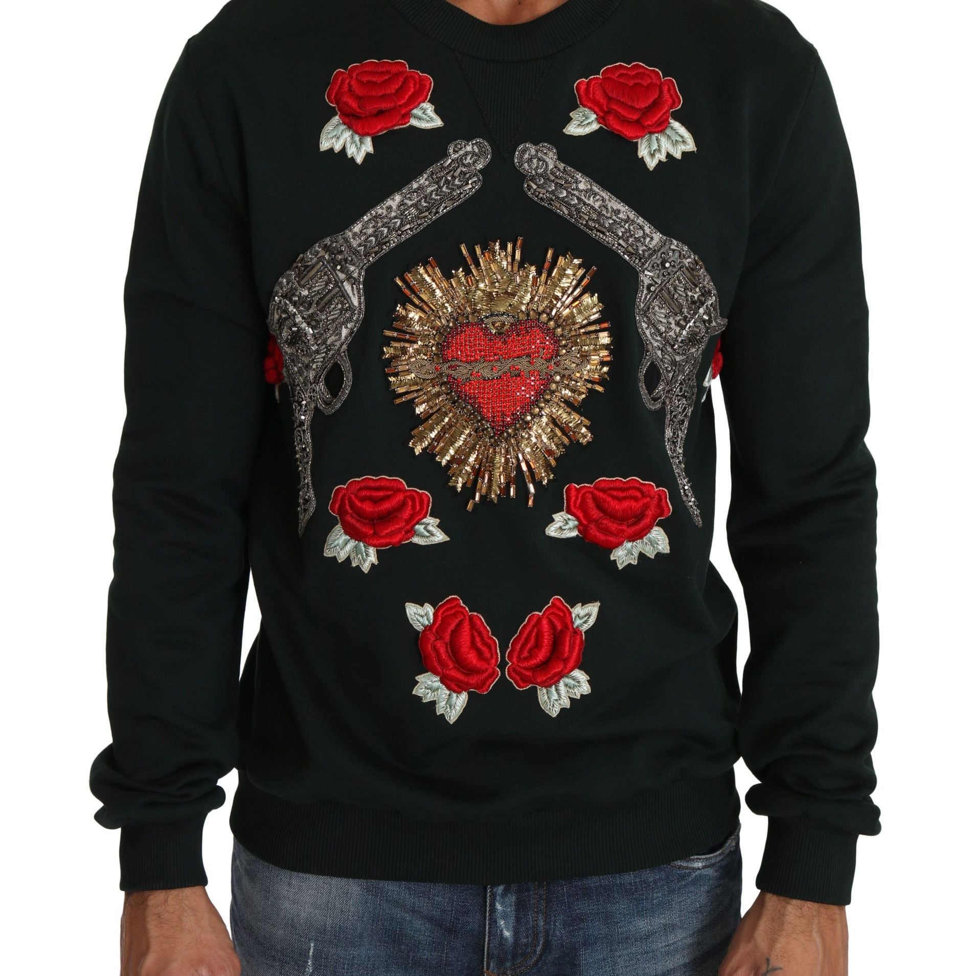 Dolce & Gabbana Green Crystal Heart Roses Gun Sweater