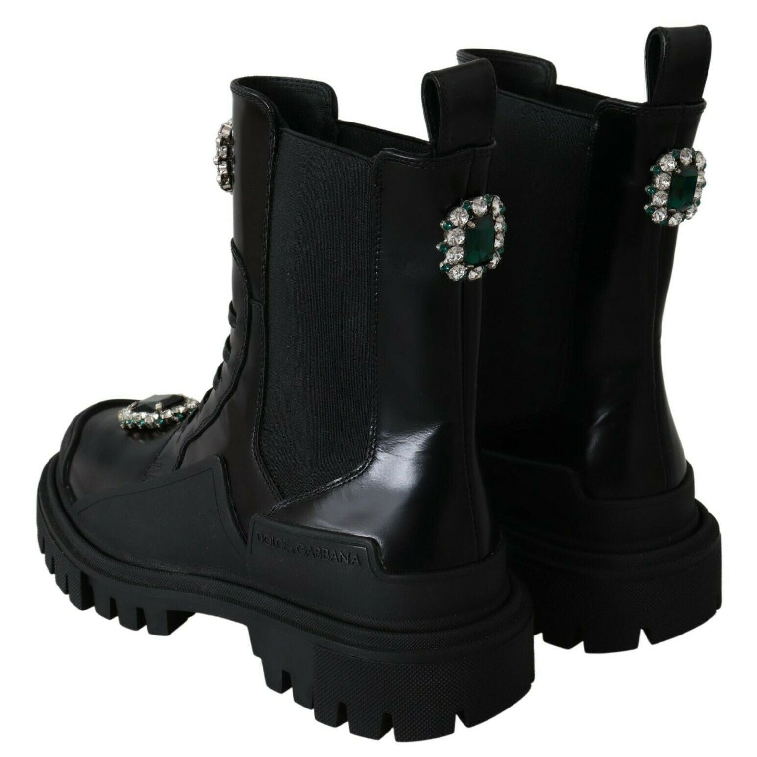Dolce & Gabbana Black Leather Crystal Combat Boots