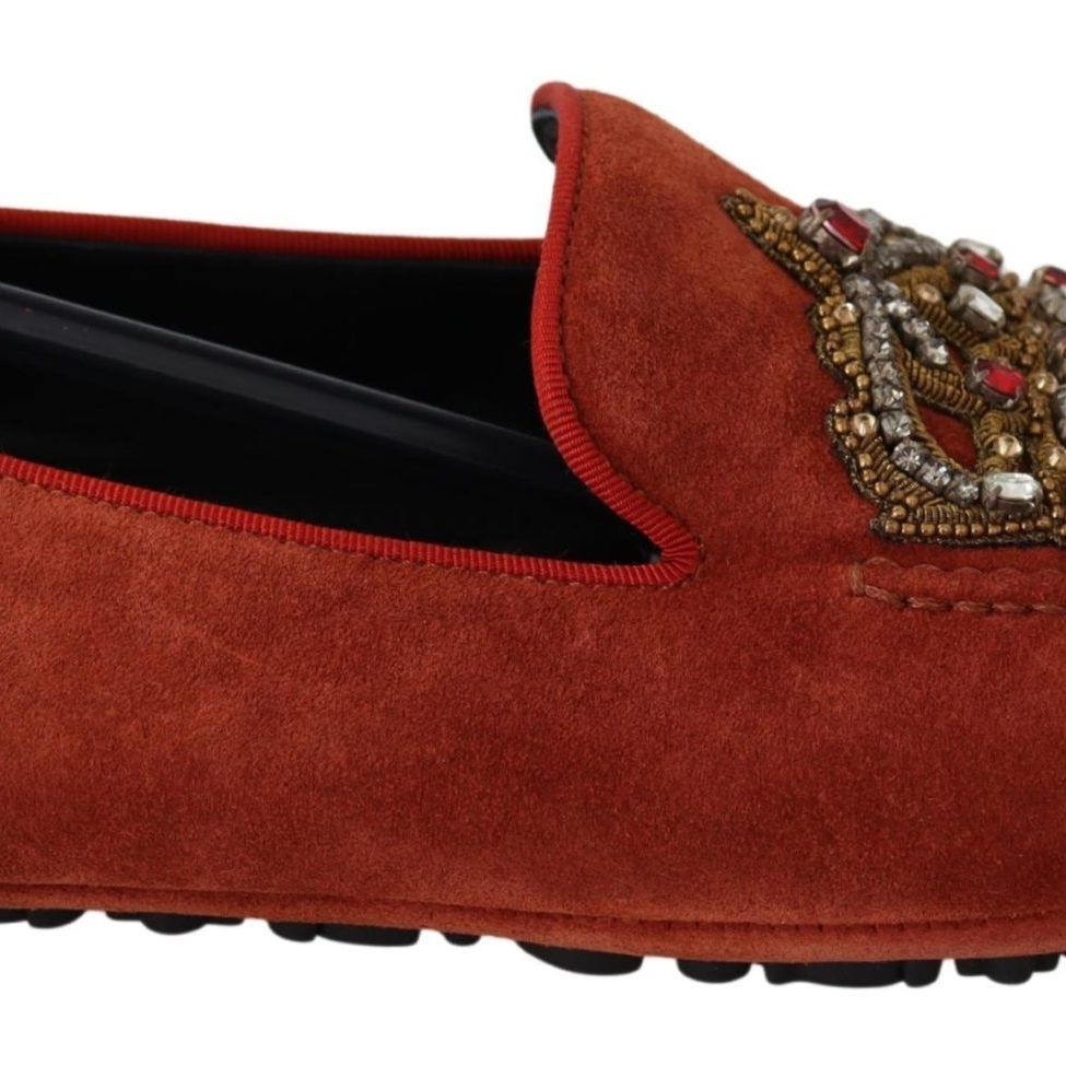 Dolce & Gabbana Orange Leather Crystal Crown  Loafers Shoes