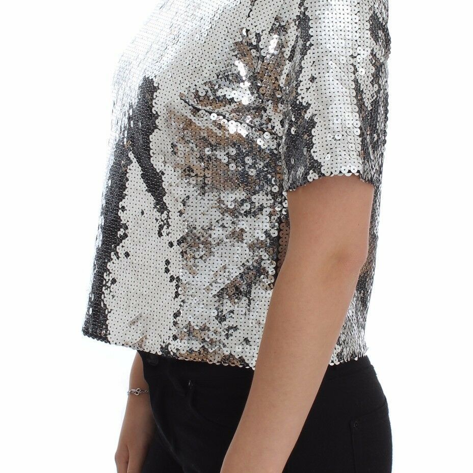 Dolce & Gabbana Silver Sequined Crewneck Blouse T-shirt Top