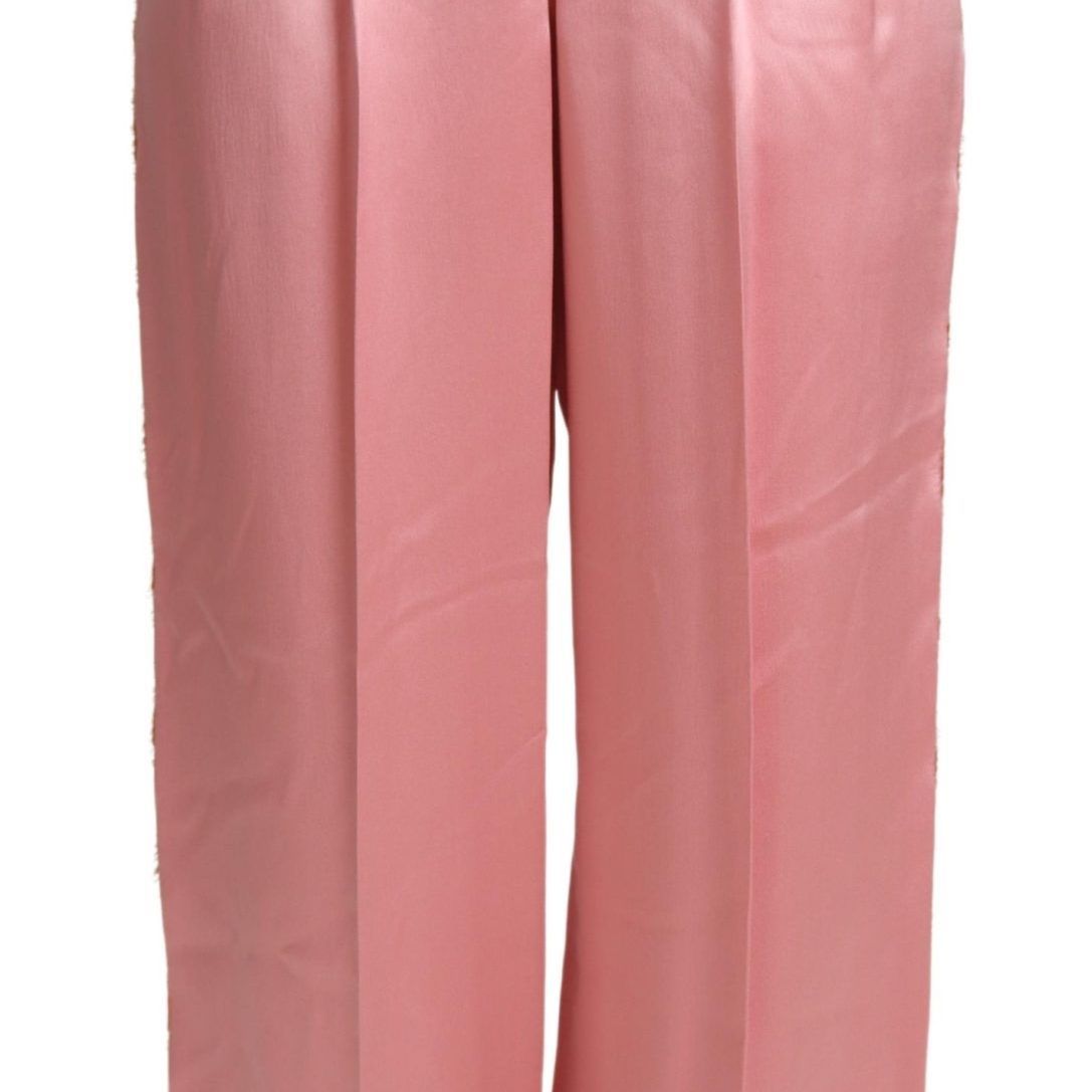 Dolce & Gabbana Pink Lace Trimmed Silk Satin Wide Legs Pants