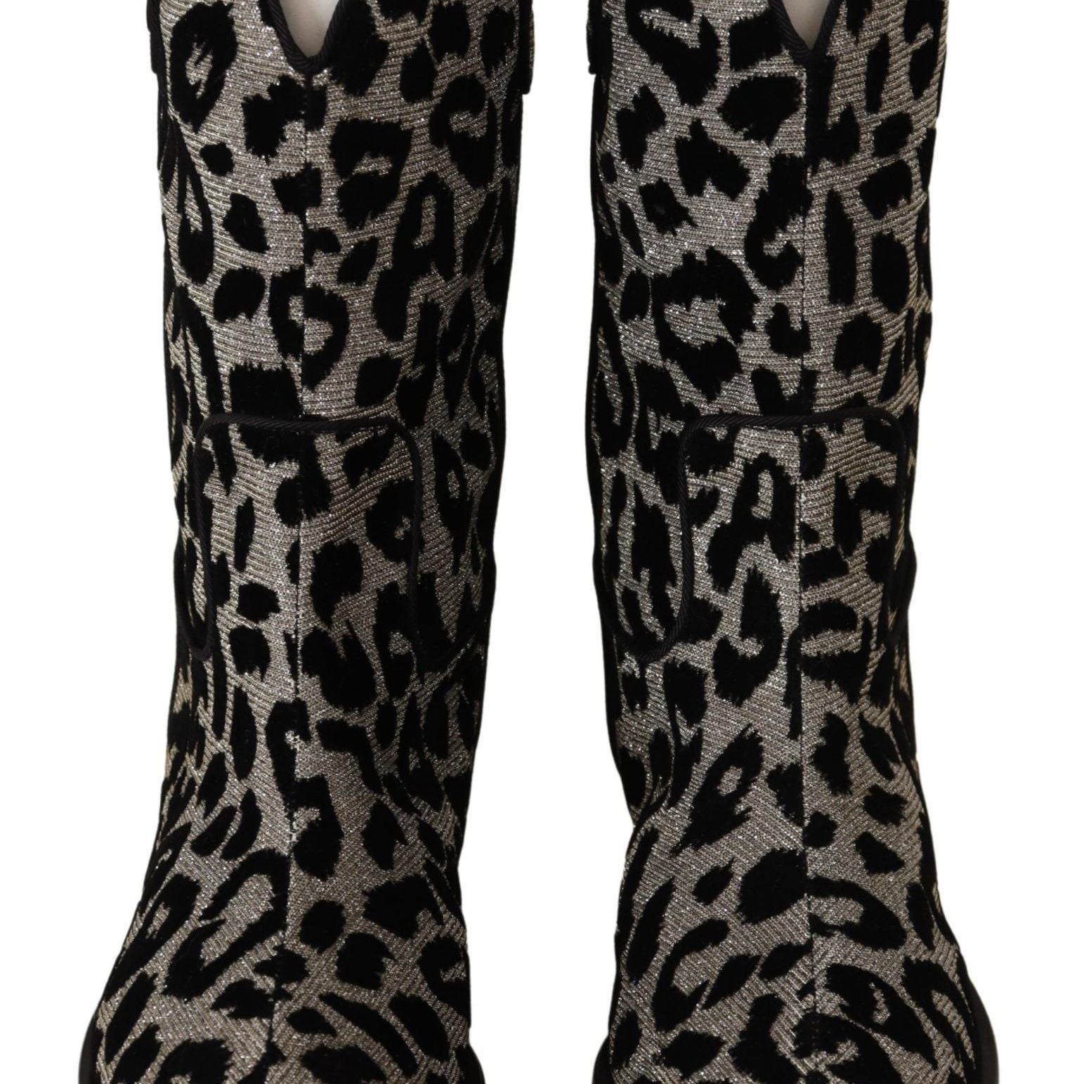 Dolce & Gabbana Gray Black Leopard Cowboy Boots Shoes