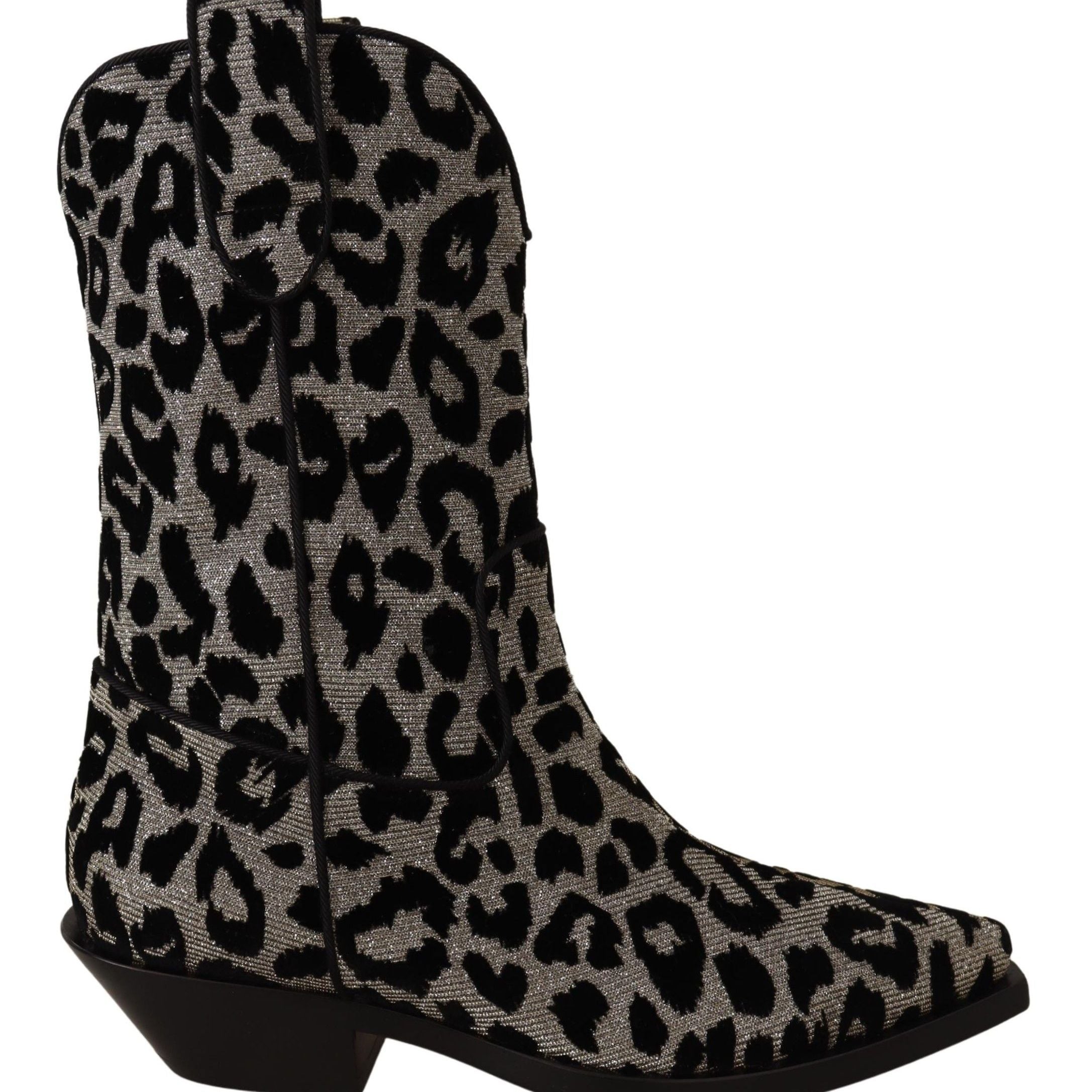 Dolce & Gabbana Gray Black Leopard Cowboy Boots Shoes