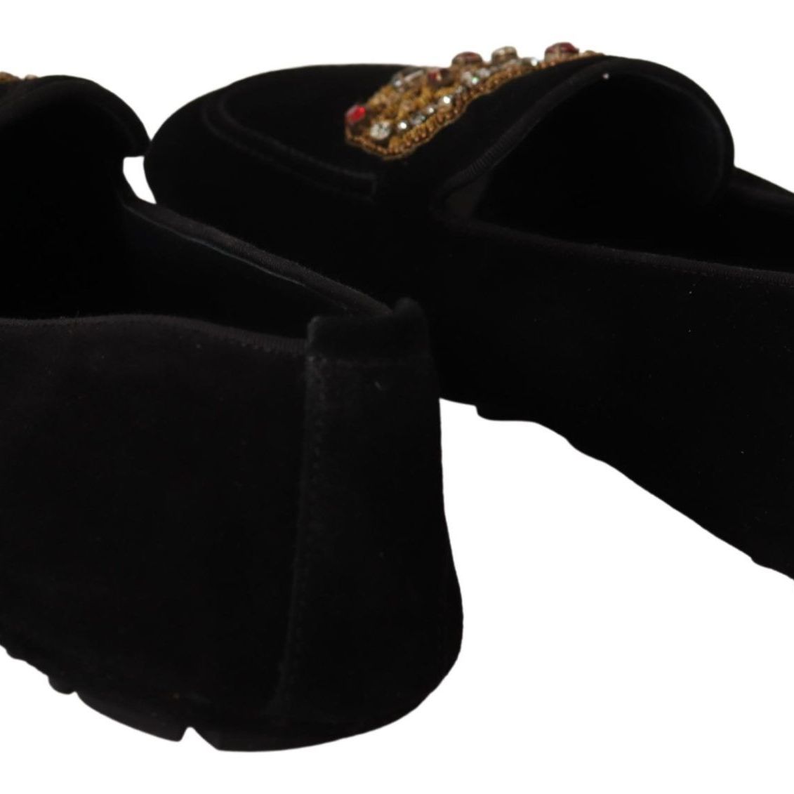 Dolce & Gabbana Black Leather Crystal Gold Crown Loafers Shoes
