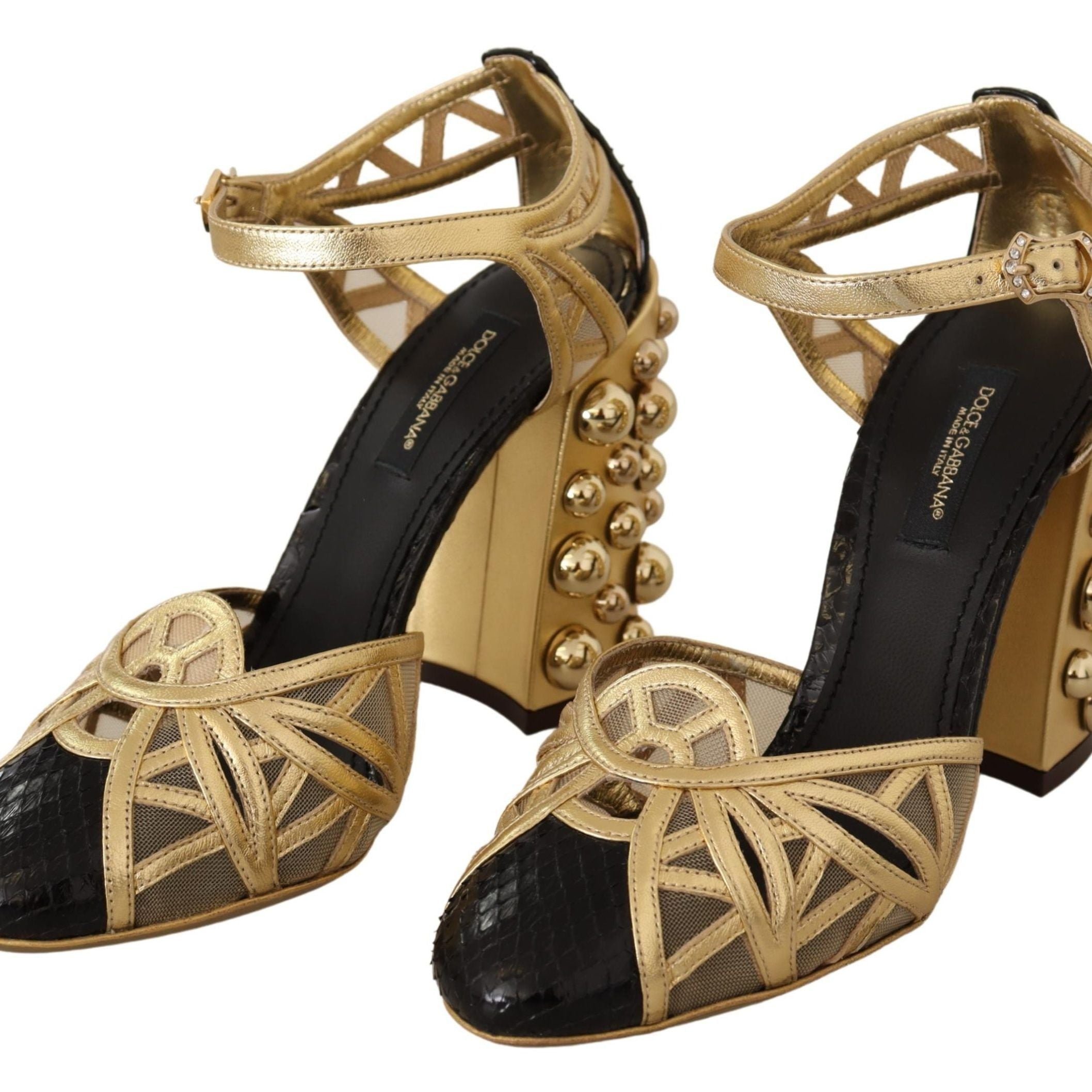 Dolce & Gabbana Black Gold Leather Studded Ankle Straps Shoes