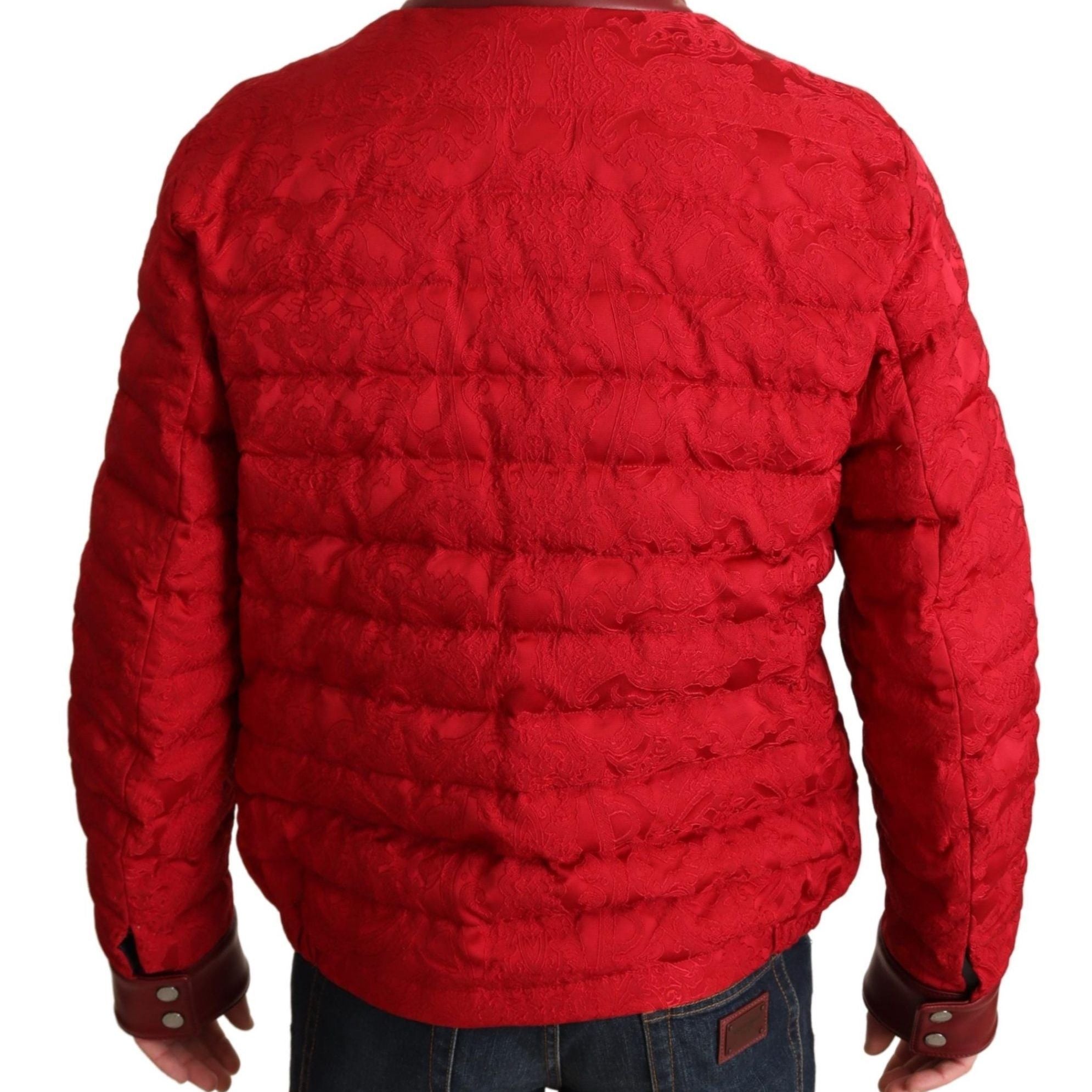 Dolce & Gabbana Red Brocade Bomber Gold Crown Logo Coat Jacket