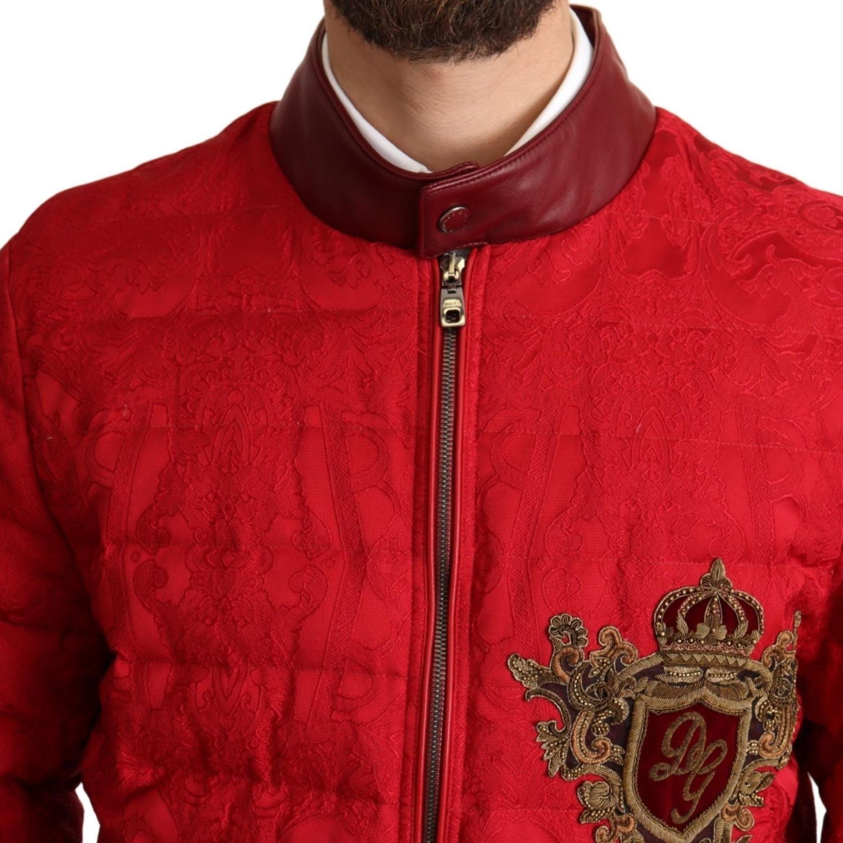 Dolce & Gabbana Red Brocade Bomber Gold Crown Logo Coat Jacket