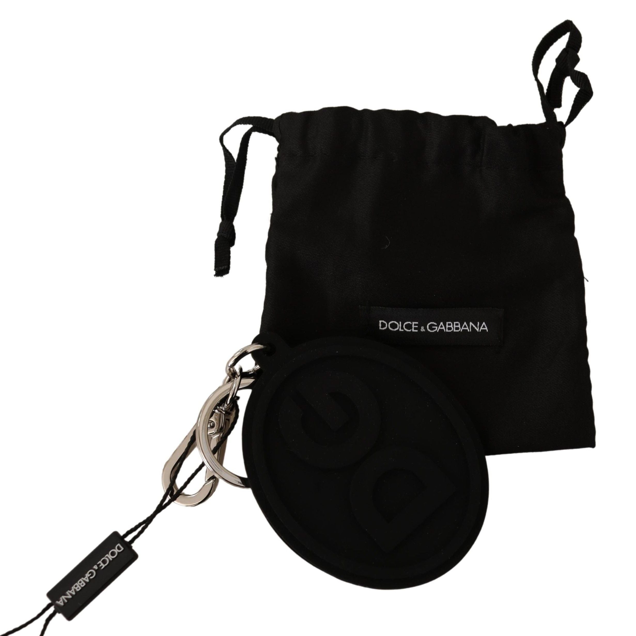 Dolce & Gabbana Black Rubber DG Logo Silver Brass Metal Keychain