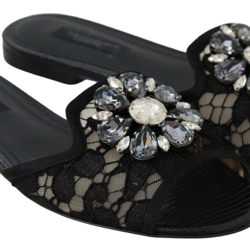 Dolce & Gabbana Black Taormina Lace Slides Crystals Flats Shoes