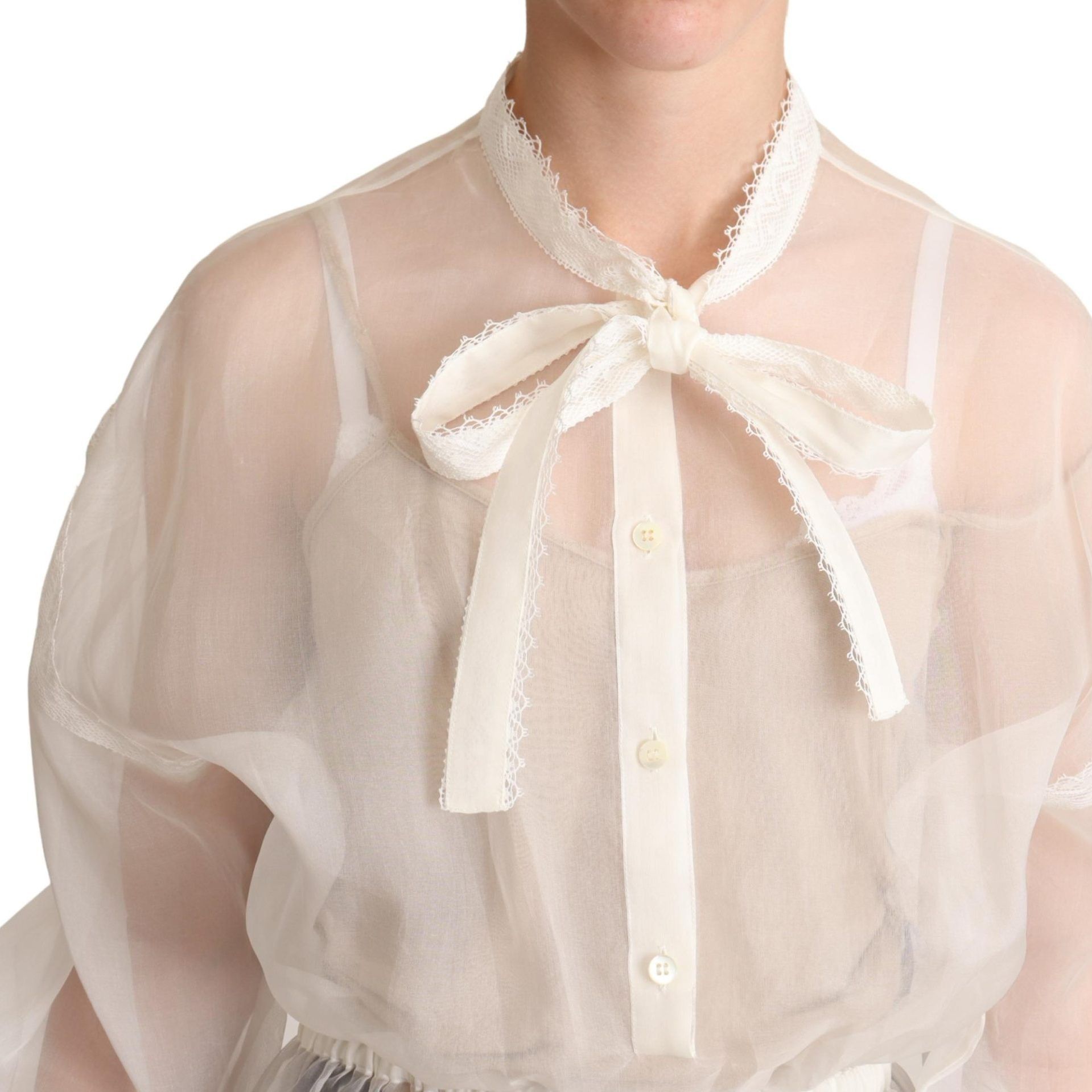 Dolce & Gabbana White Ascot Collar Long Sleeves Blouse Top
