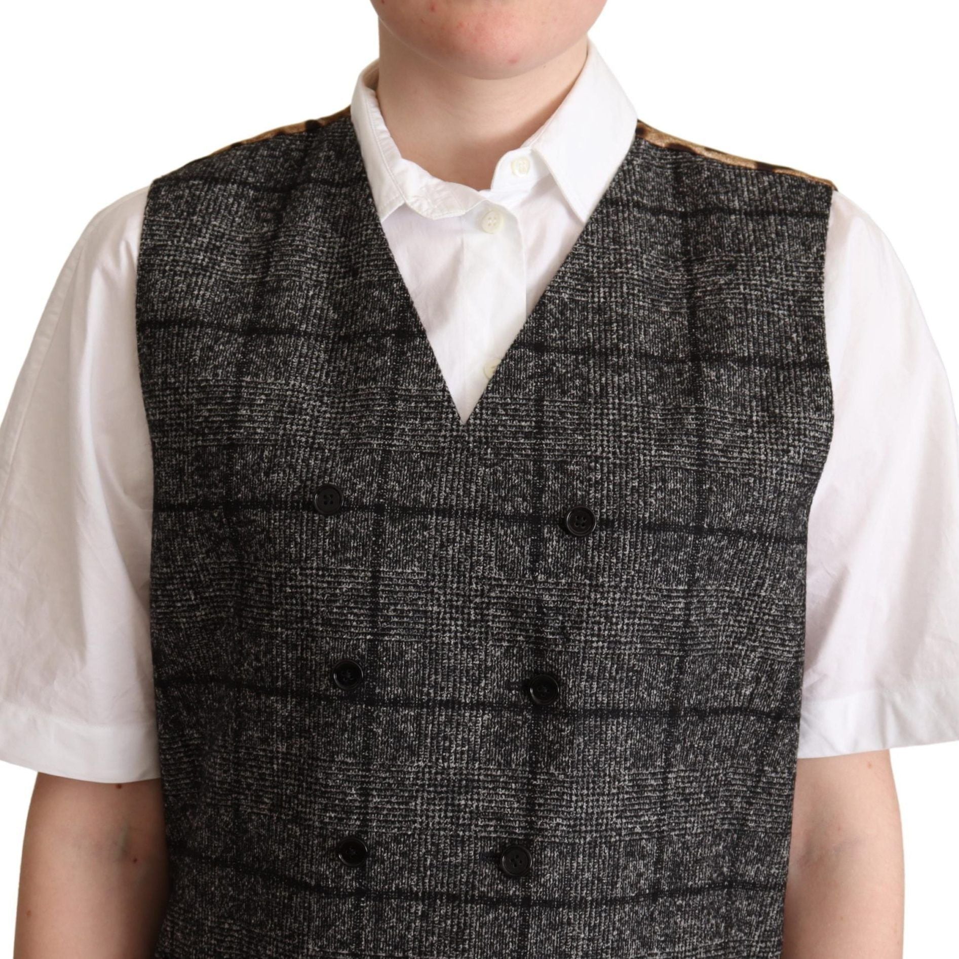 Dolce & Gabbana Gray Wool Leopard Print Waistcoat Vest