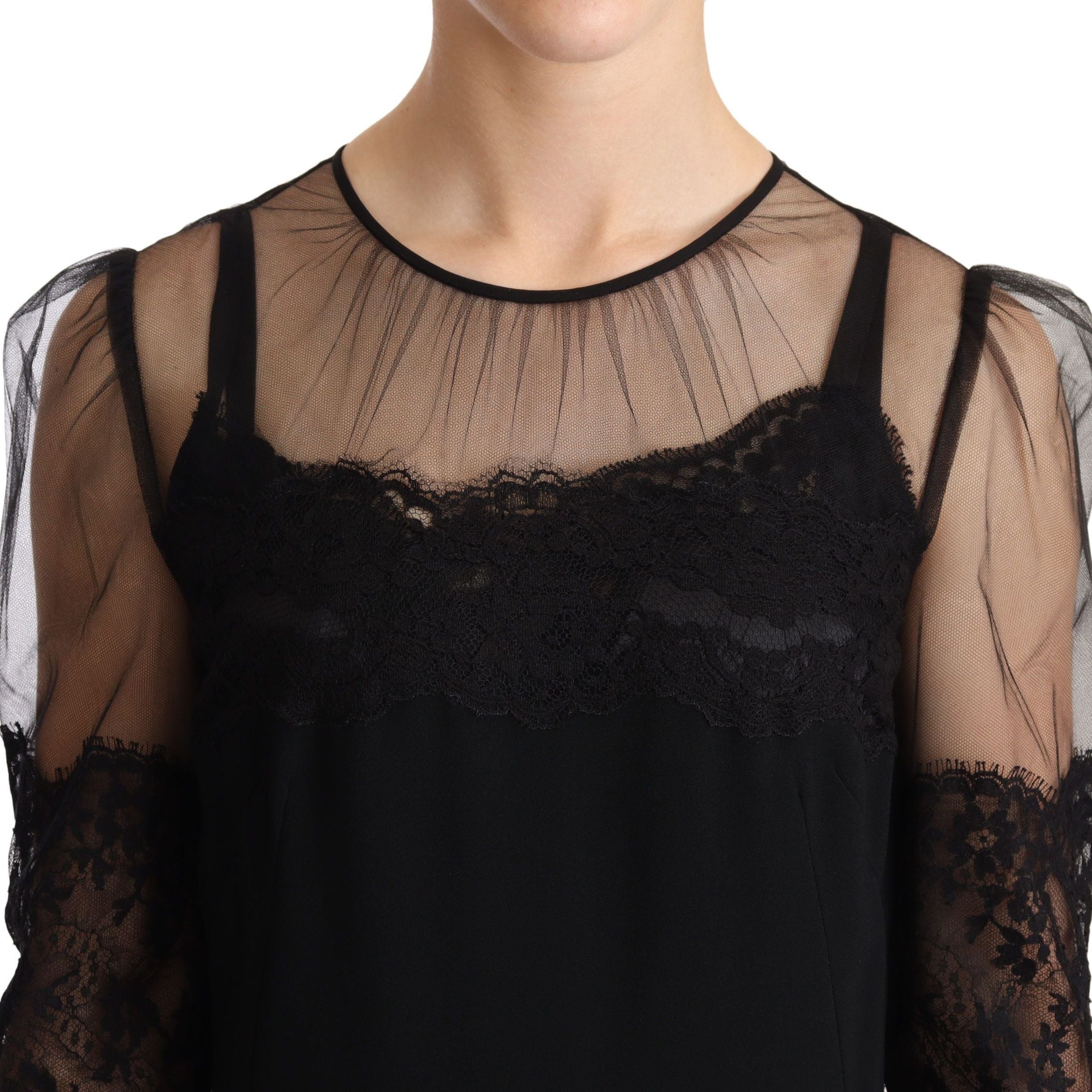 Dolce & Gabbana Black Sheer Floral Lace Crystal Maxi Dress